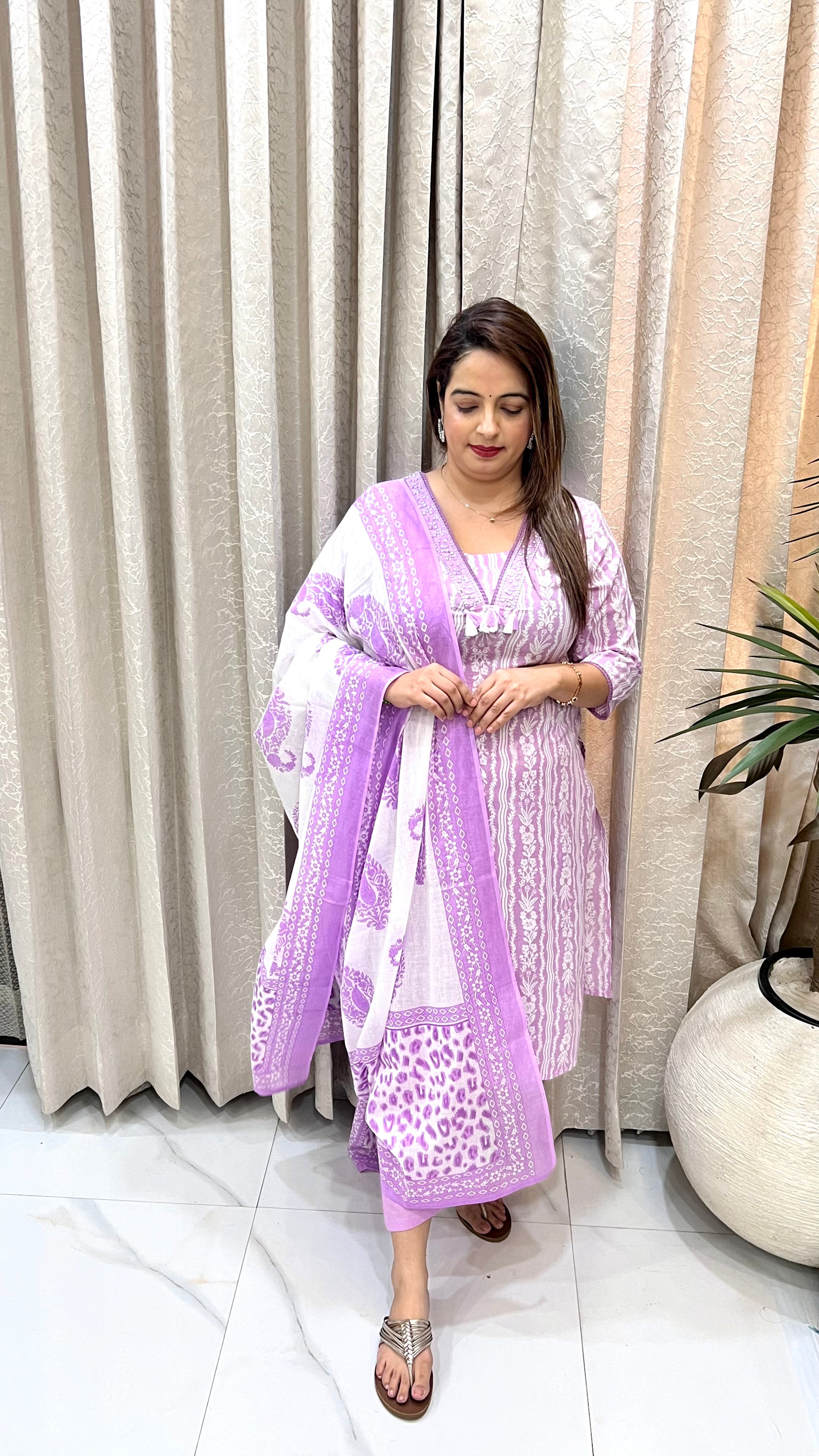 Pure Cotton Pastel Lavender Floral Print Suit