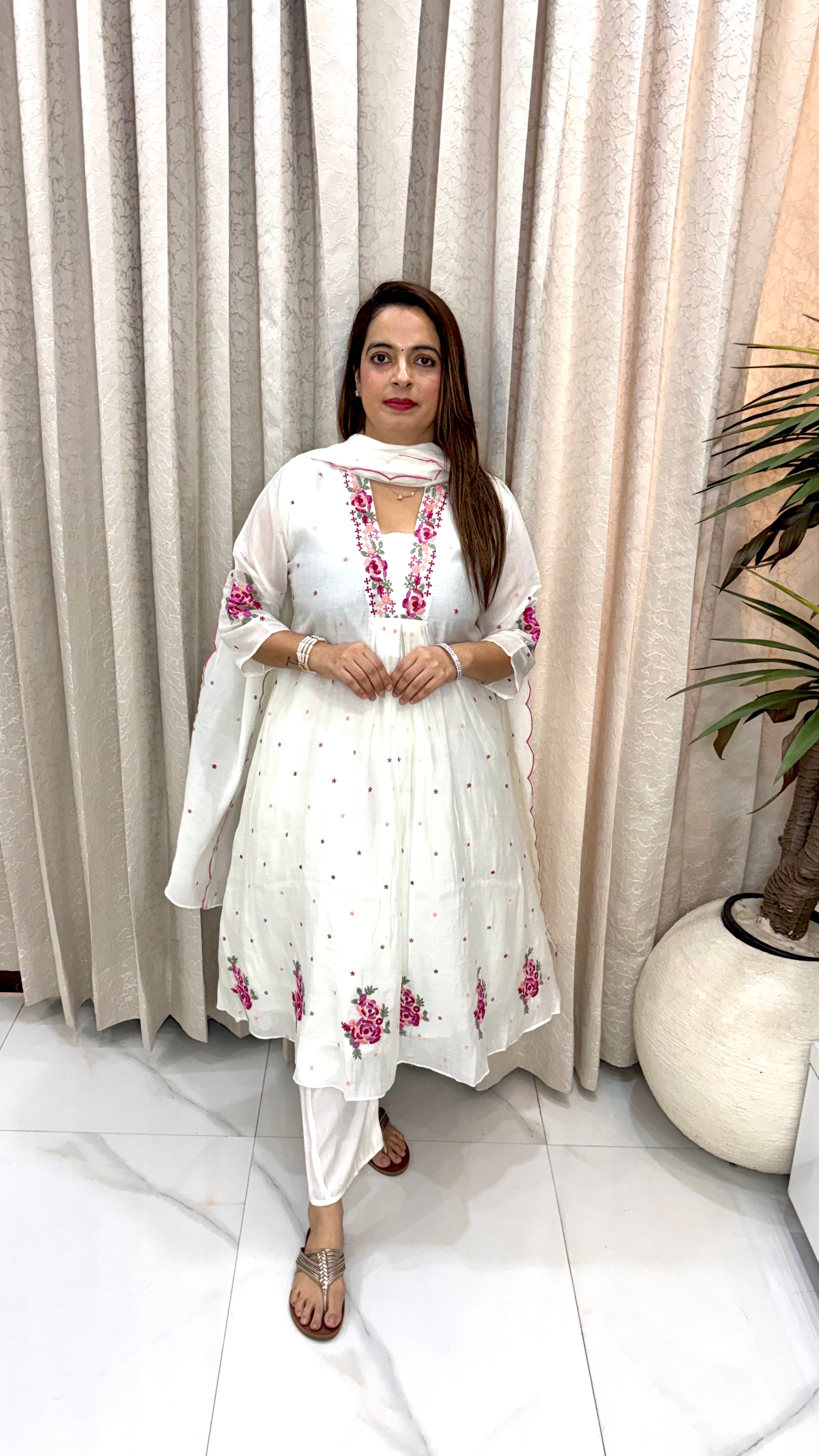 ✨ Mul Chanderi A-Line Suit Set with Cut-Work Details
