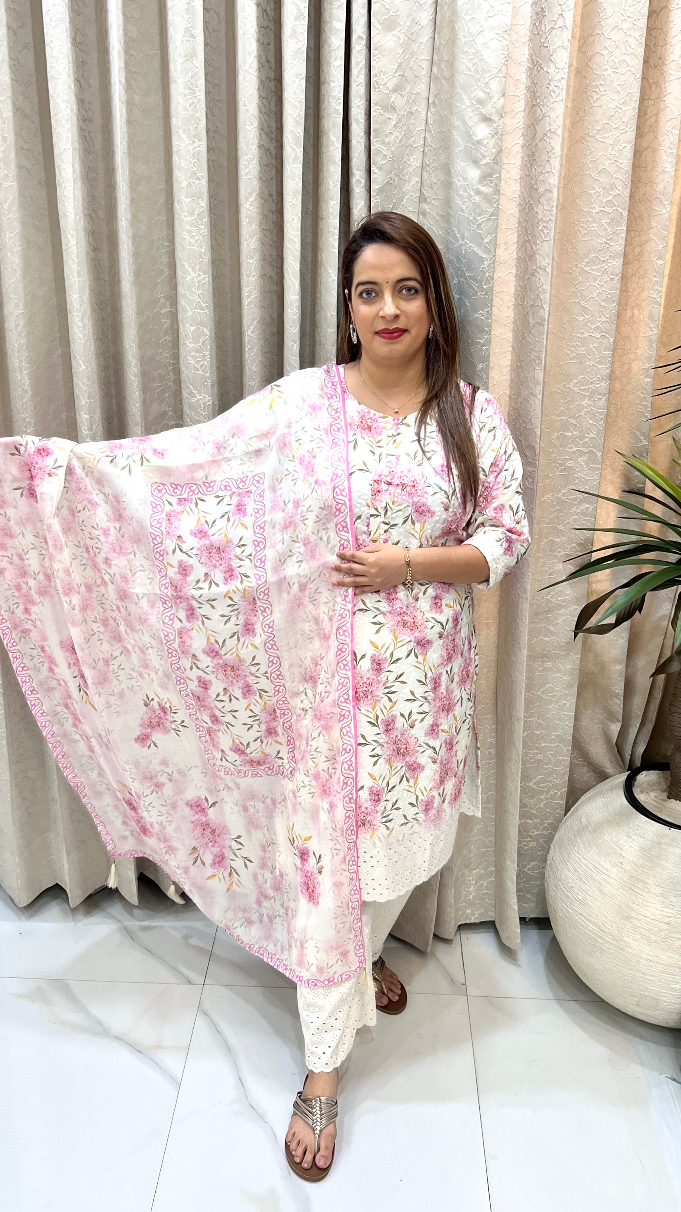 Floral Print Cotton Schiffli & Phulkari Suit with Potli Buttons