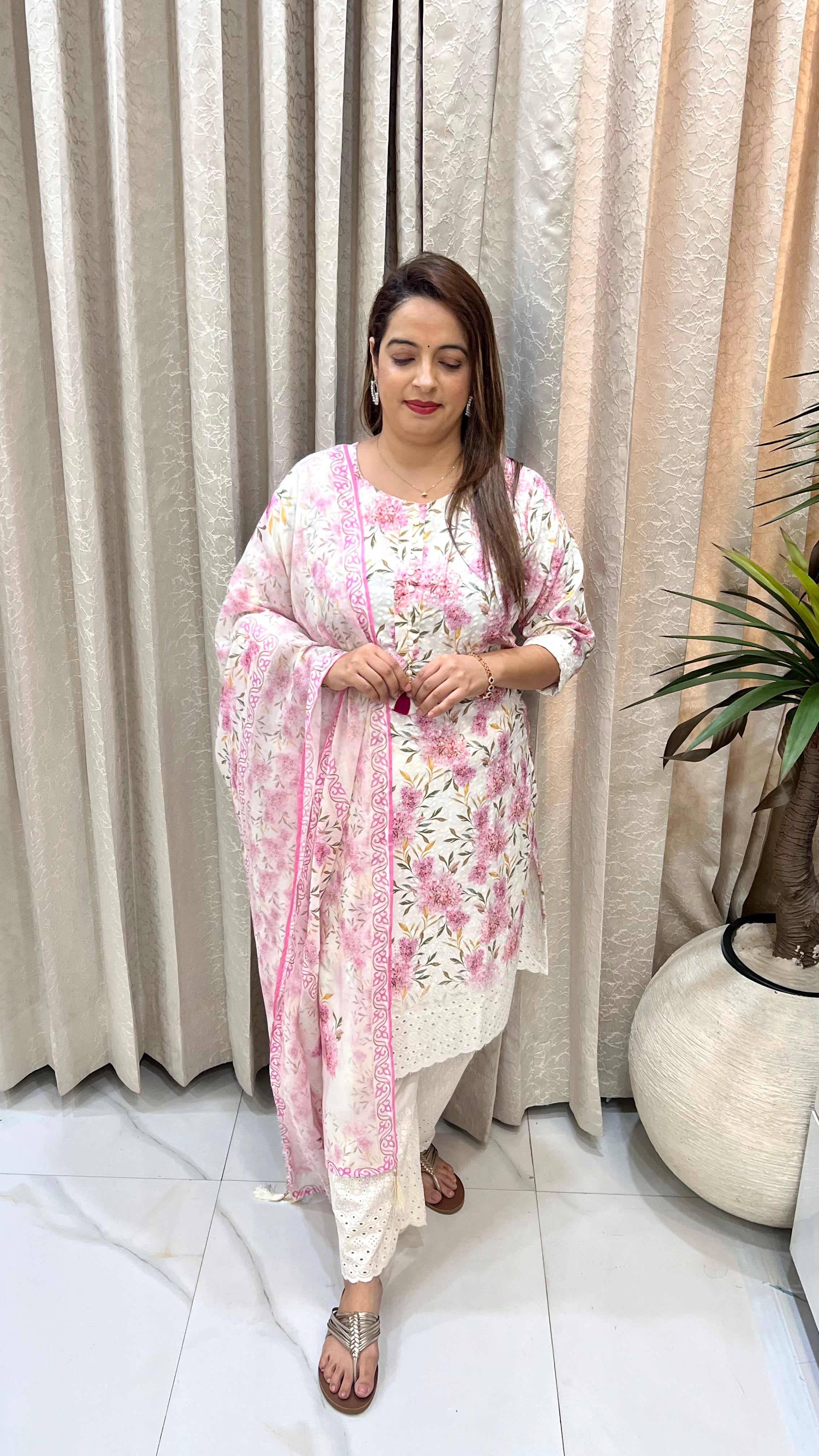 Floral Print Cotton Schiffli & Phulkari Suit with Potli Buttons