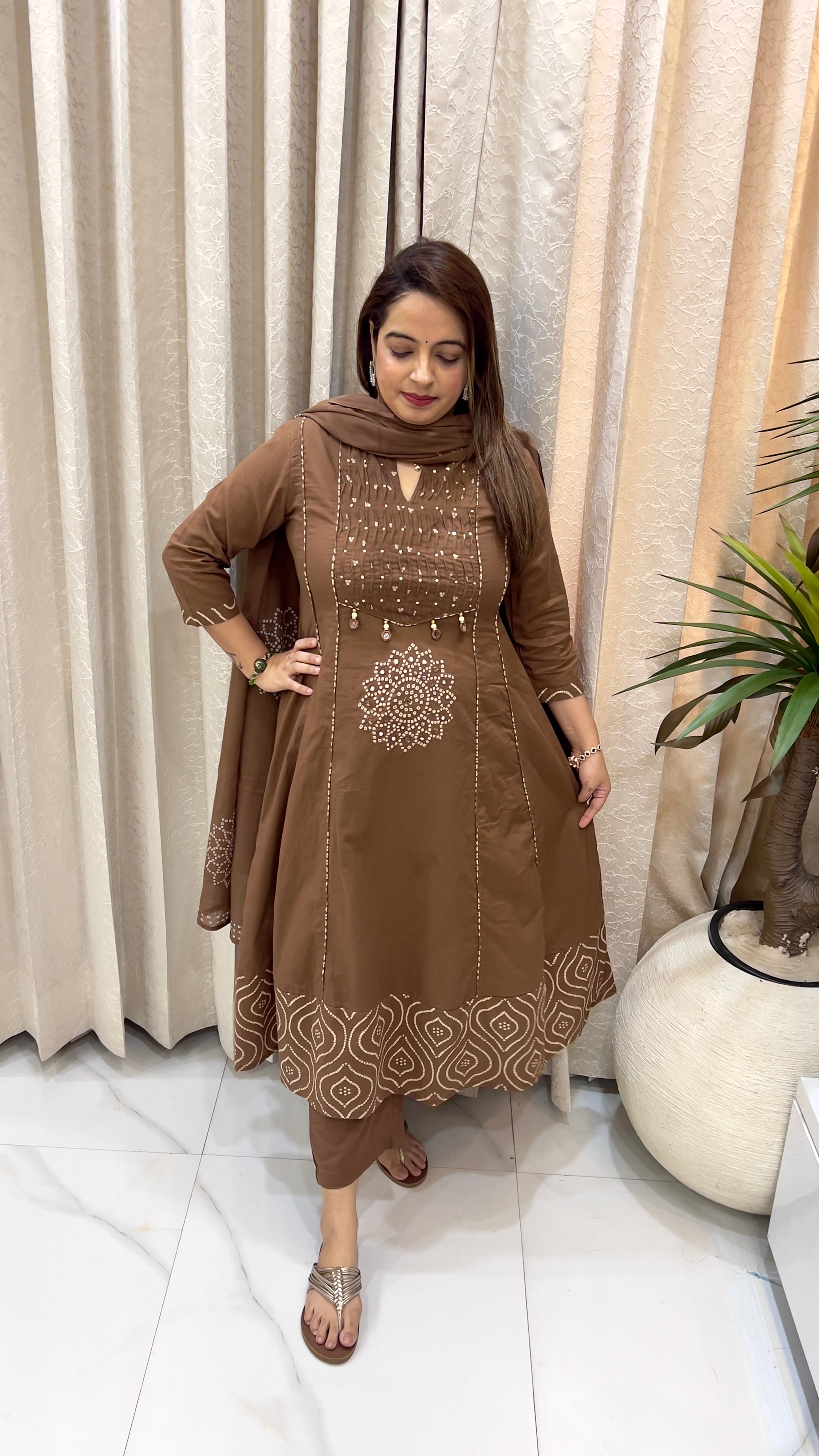 Bandhani-Inspired A-Line Suit with Pin-Tuck & Mirror Accents