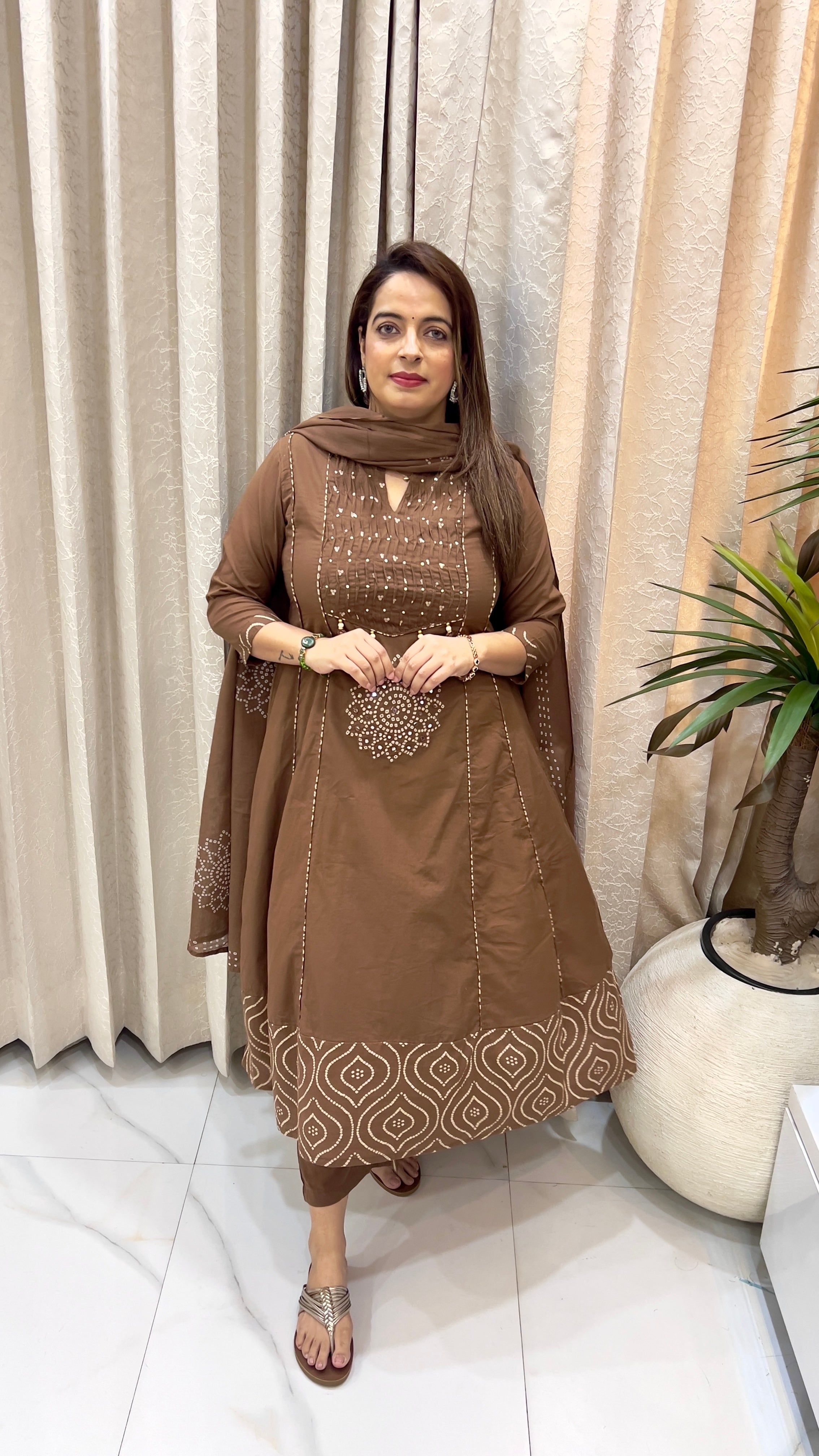 Bandhani-Inspired A-Line Suit with Pin-Tuck & Mirror Accents