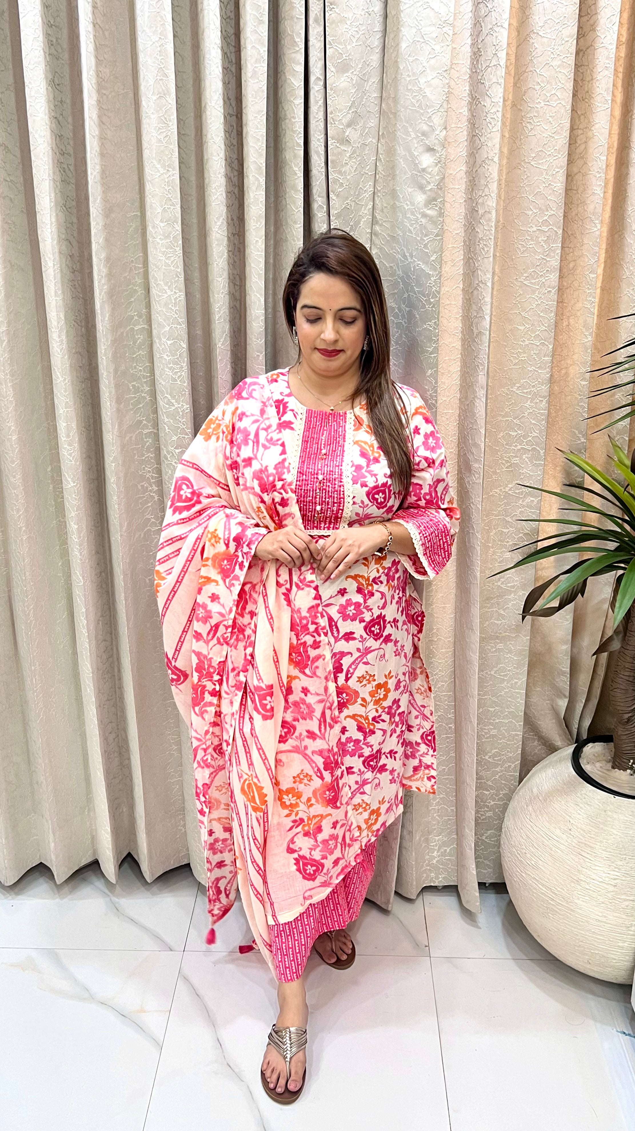 Pure Cotton Suit with Pearl Buttons, Sequence & Cut-Dana Work