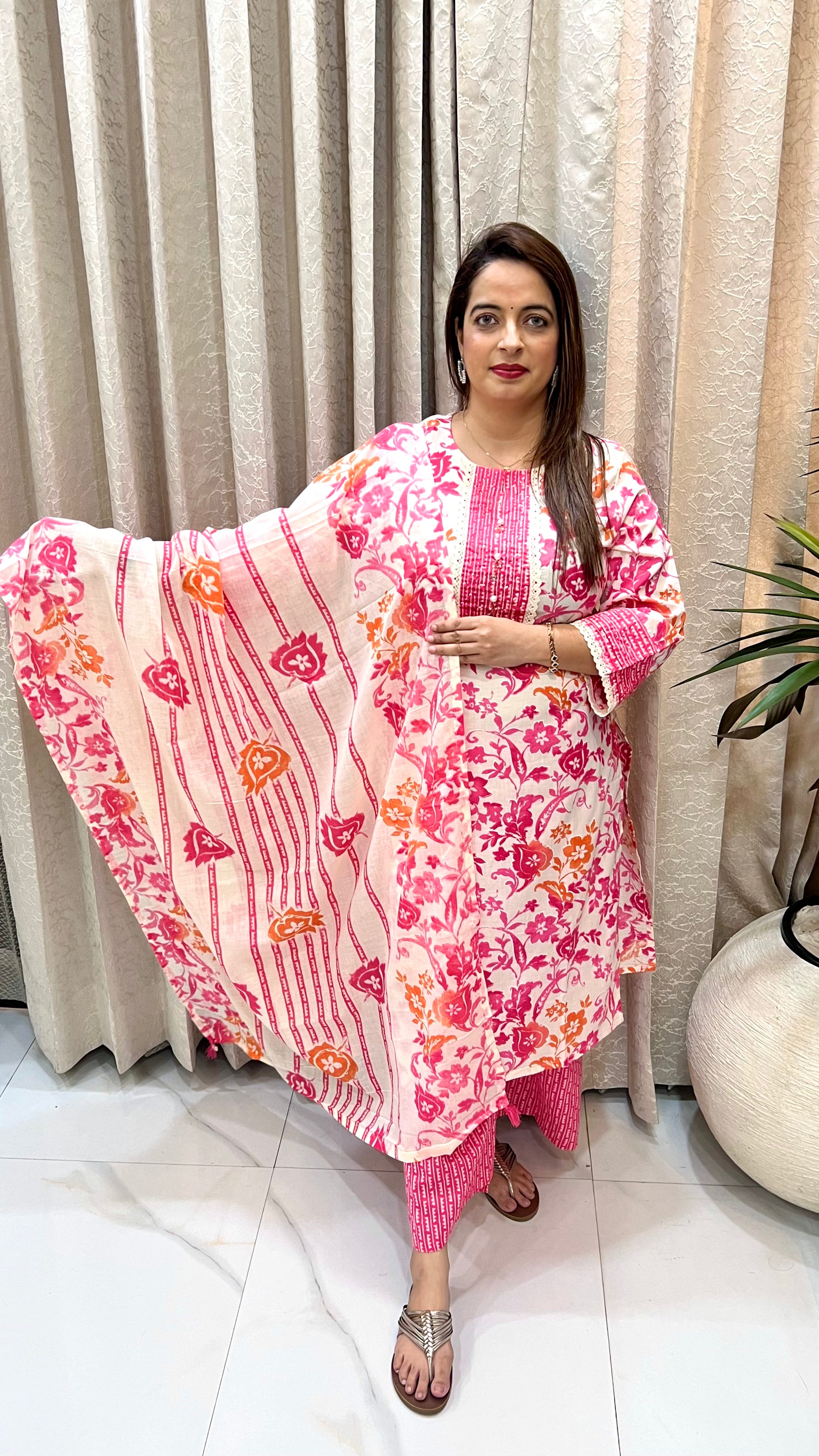 Pure Cotton Suit with Pearl Buttons, Sequence & Cut-Dana Work