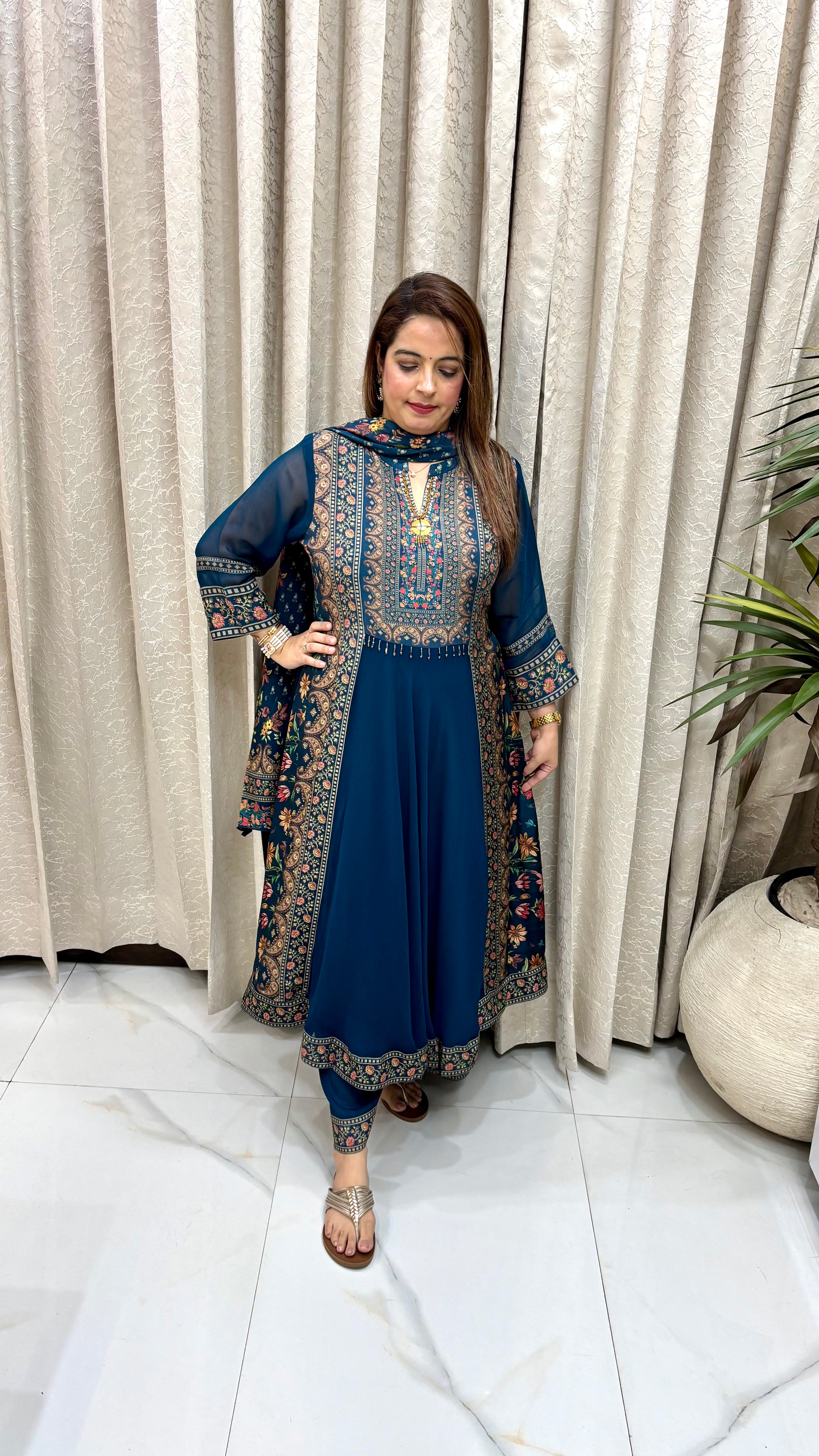 Premium Teal 30gms Georgette Suit with Imported Prints, Pure Crepe Dupatta & Lining