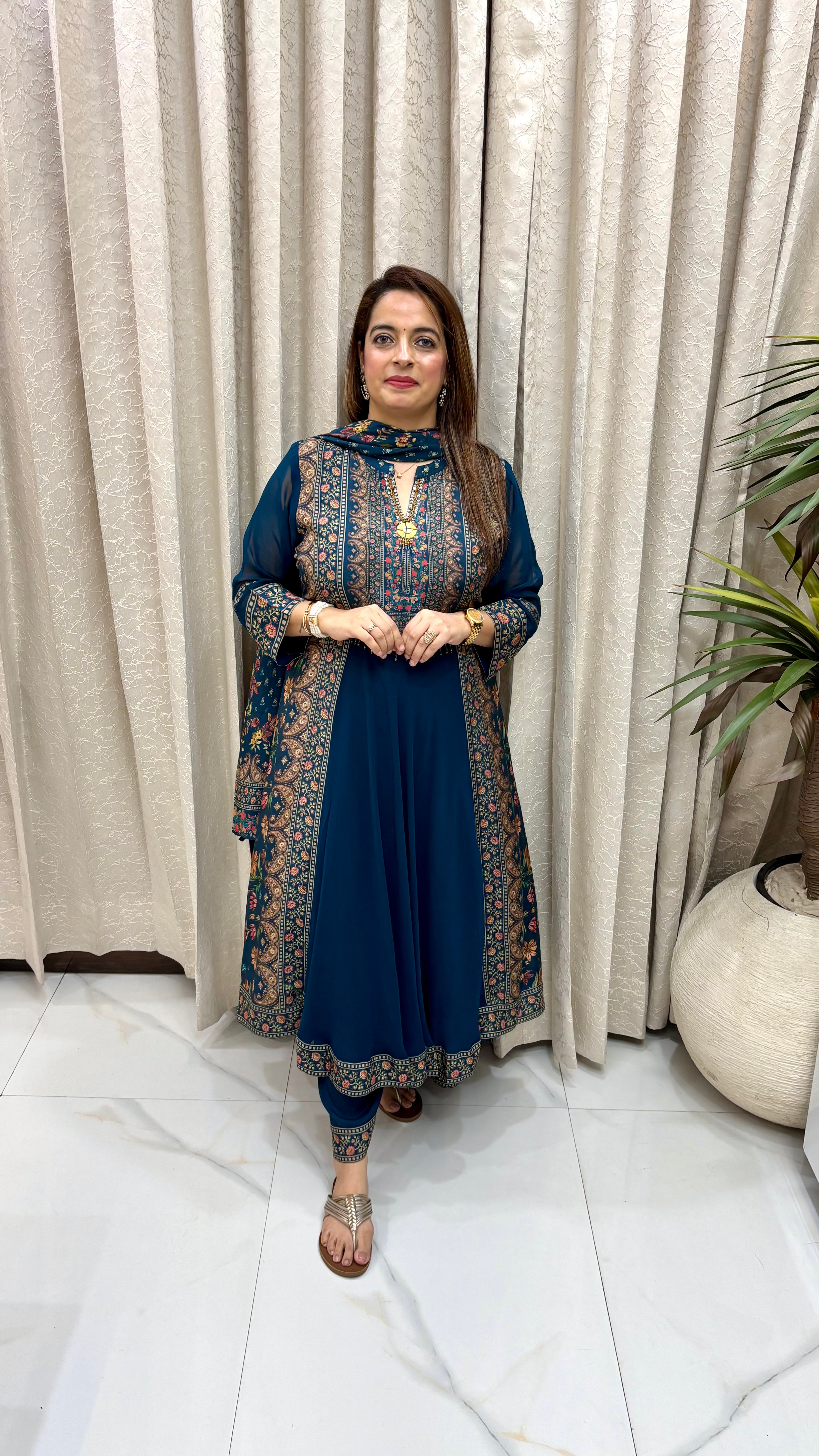 Premium Teal 30gms Georgette Suit with Imported Prints, Pure Crepe Dupatta & Lining