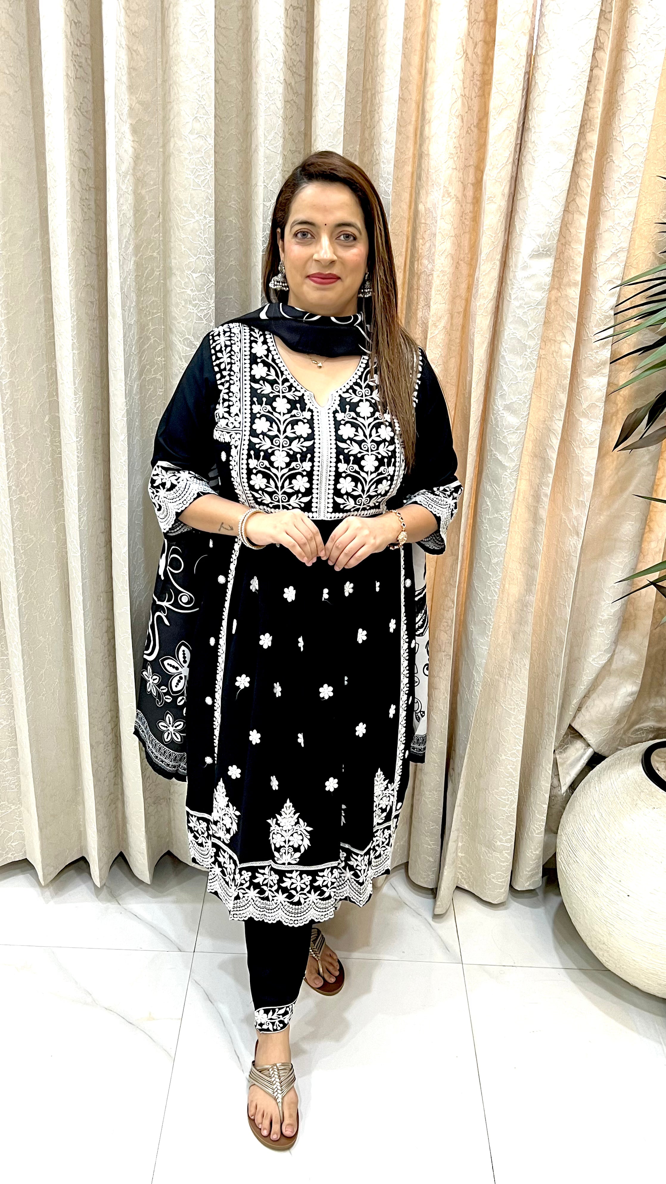 Black & Off-White Kashmiri-Inspired Lucknowi Suit