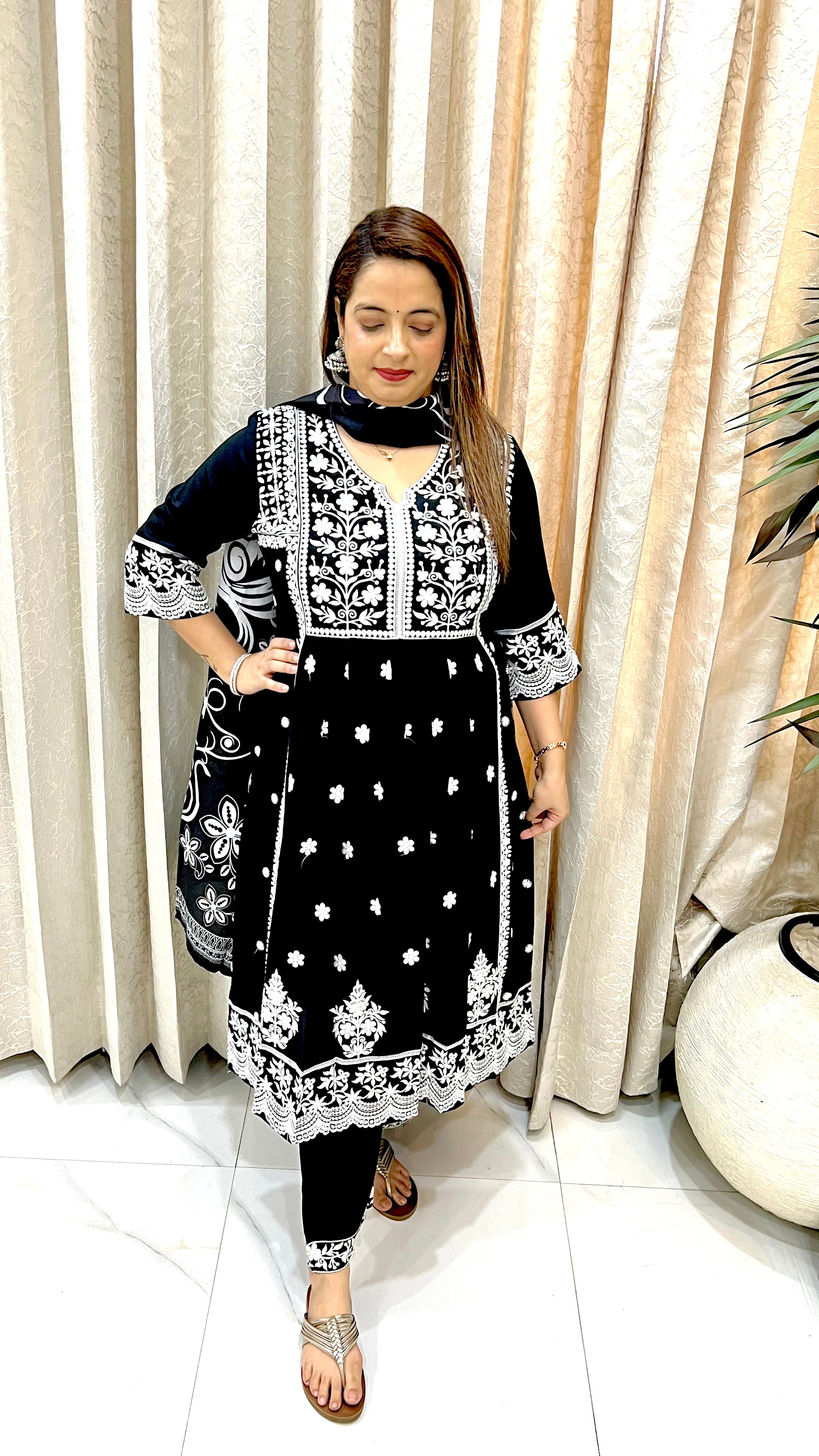 Black & Off-White Kashmiri-Inspired Lucknowi Suit