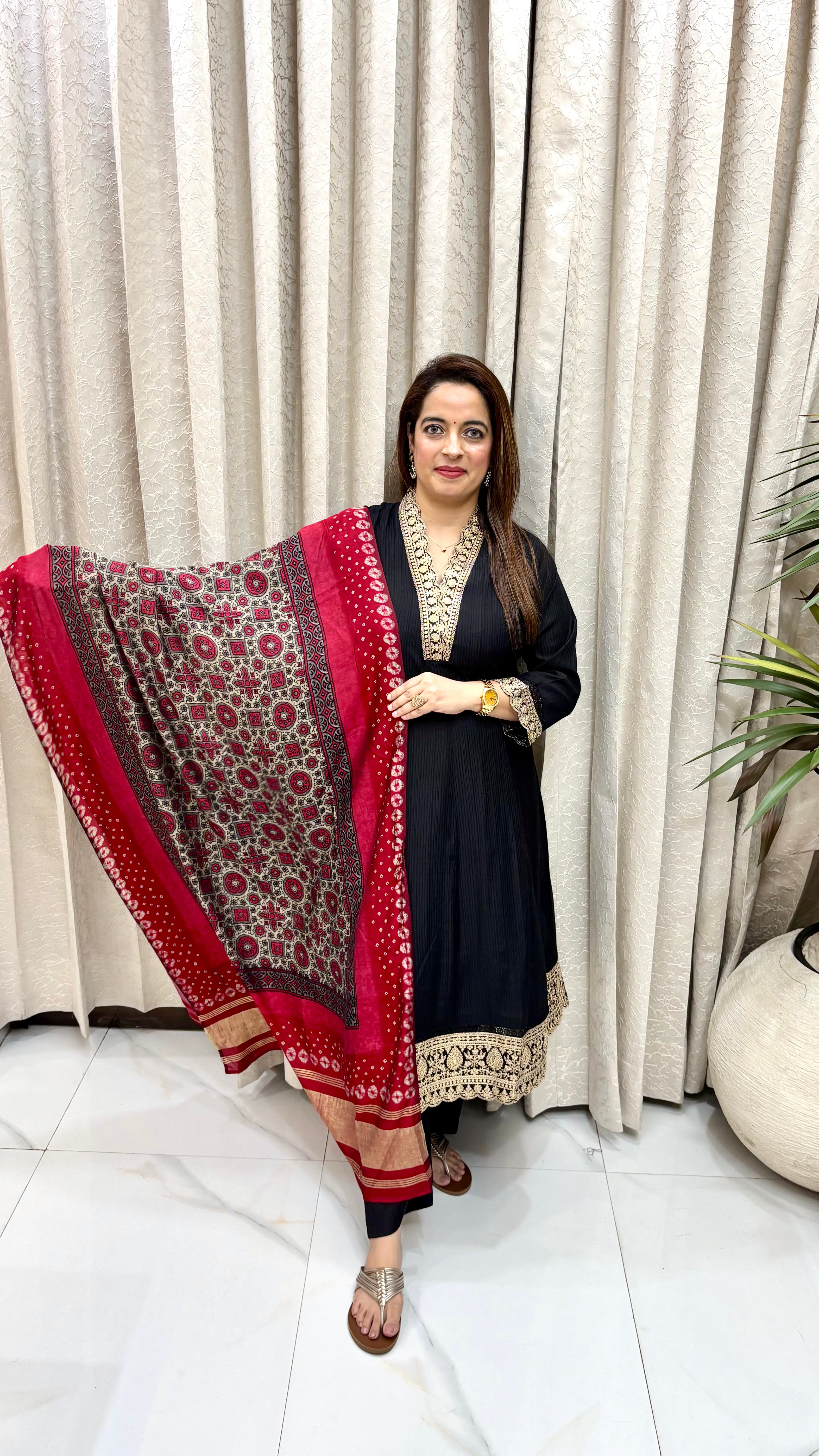 Paper Silk Suit with Zari-Resham Embroidery, Chinese Collar & Gajji Silk Lagdi Patta Dupatta