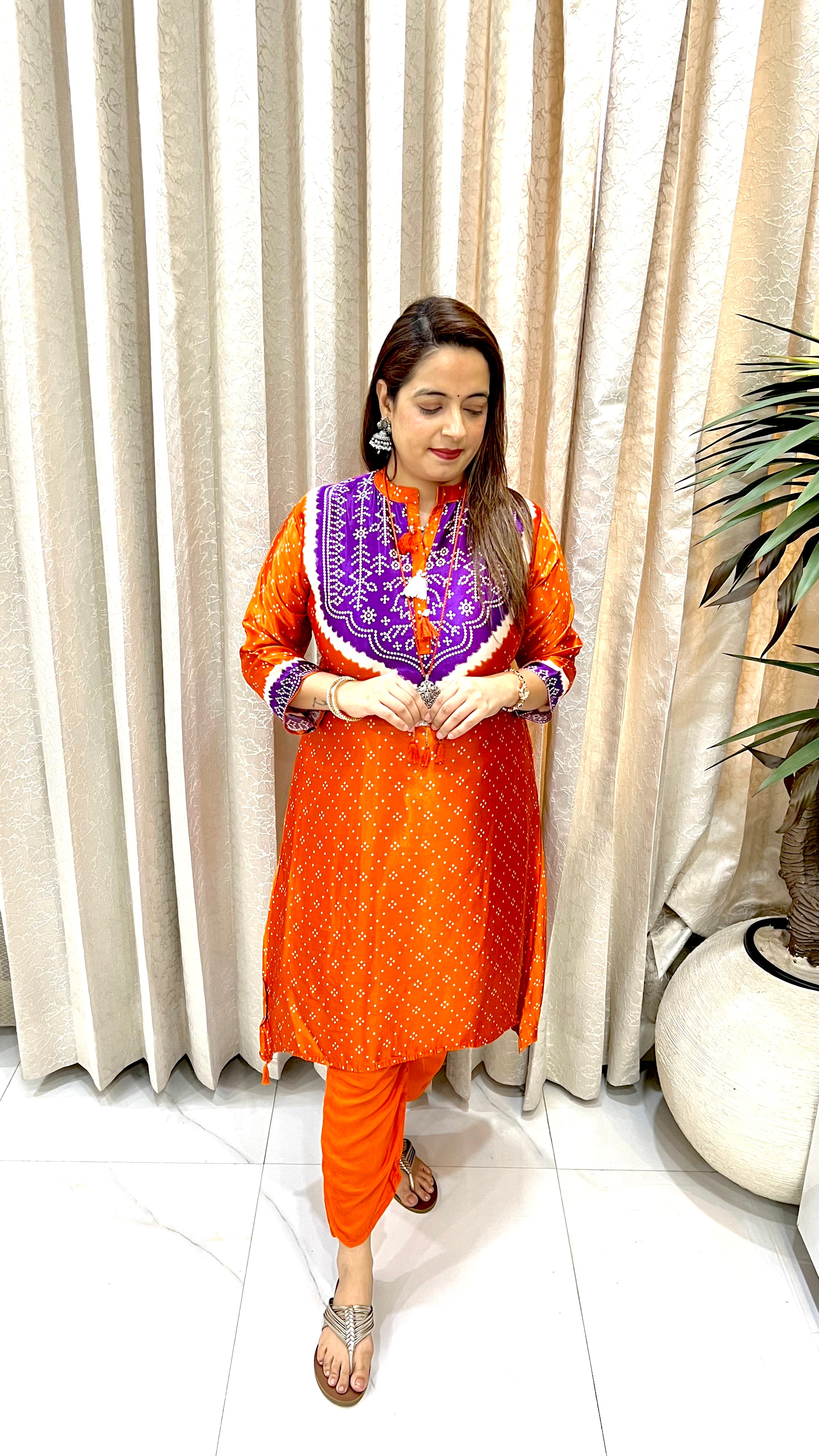 Pure Gajji Silk C-Cut Co-ord Set with Handmade Tassels & Oxidised Necklace