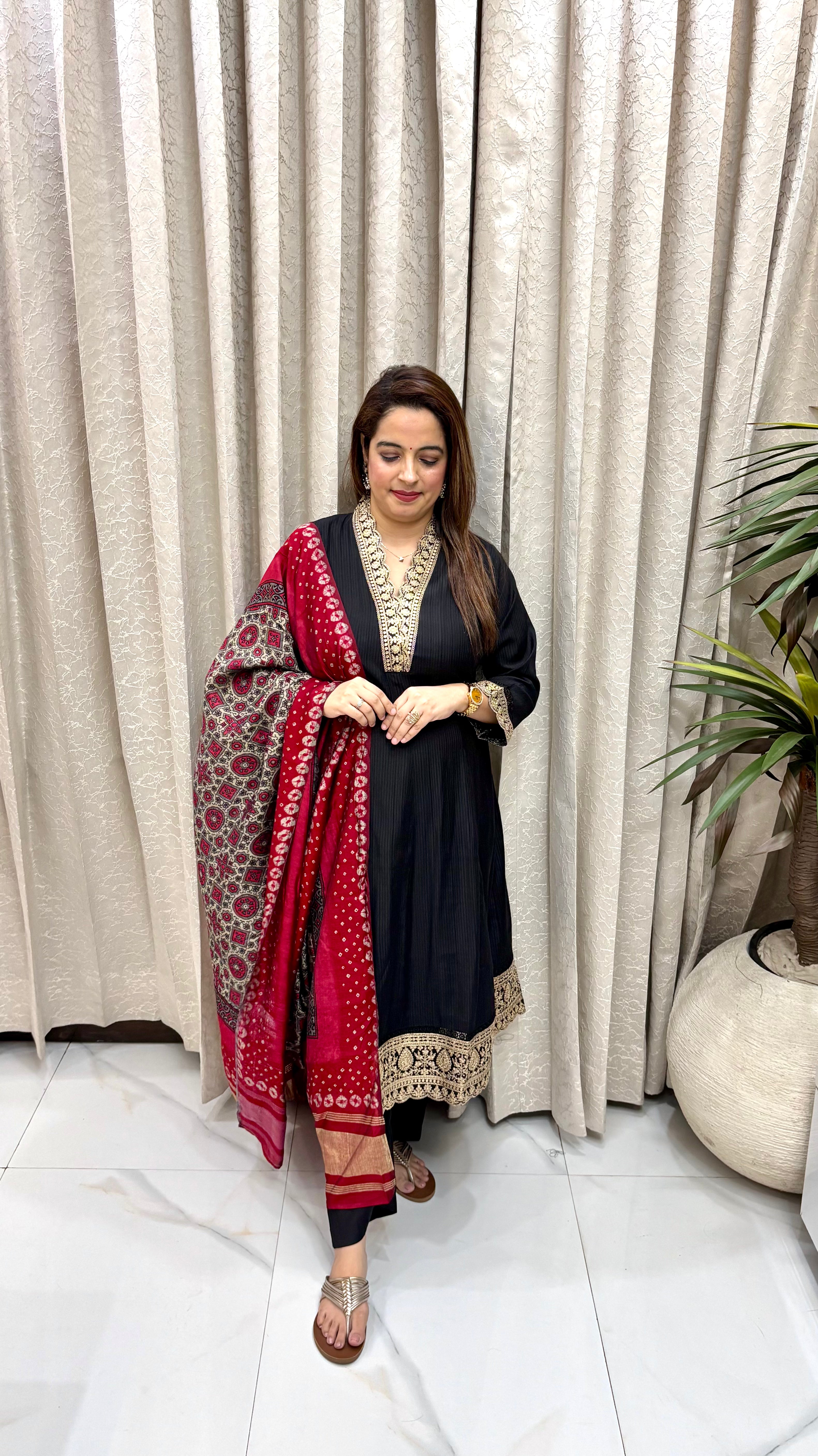 Paper Silk Suit with Zari-Resham Embroidery, Chinese Collar & Gajji Silk Lagdi Patta Dupatta