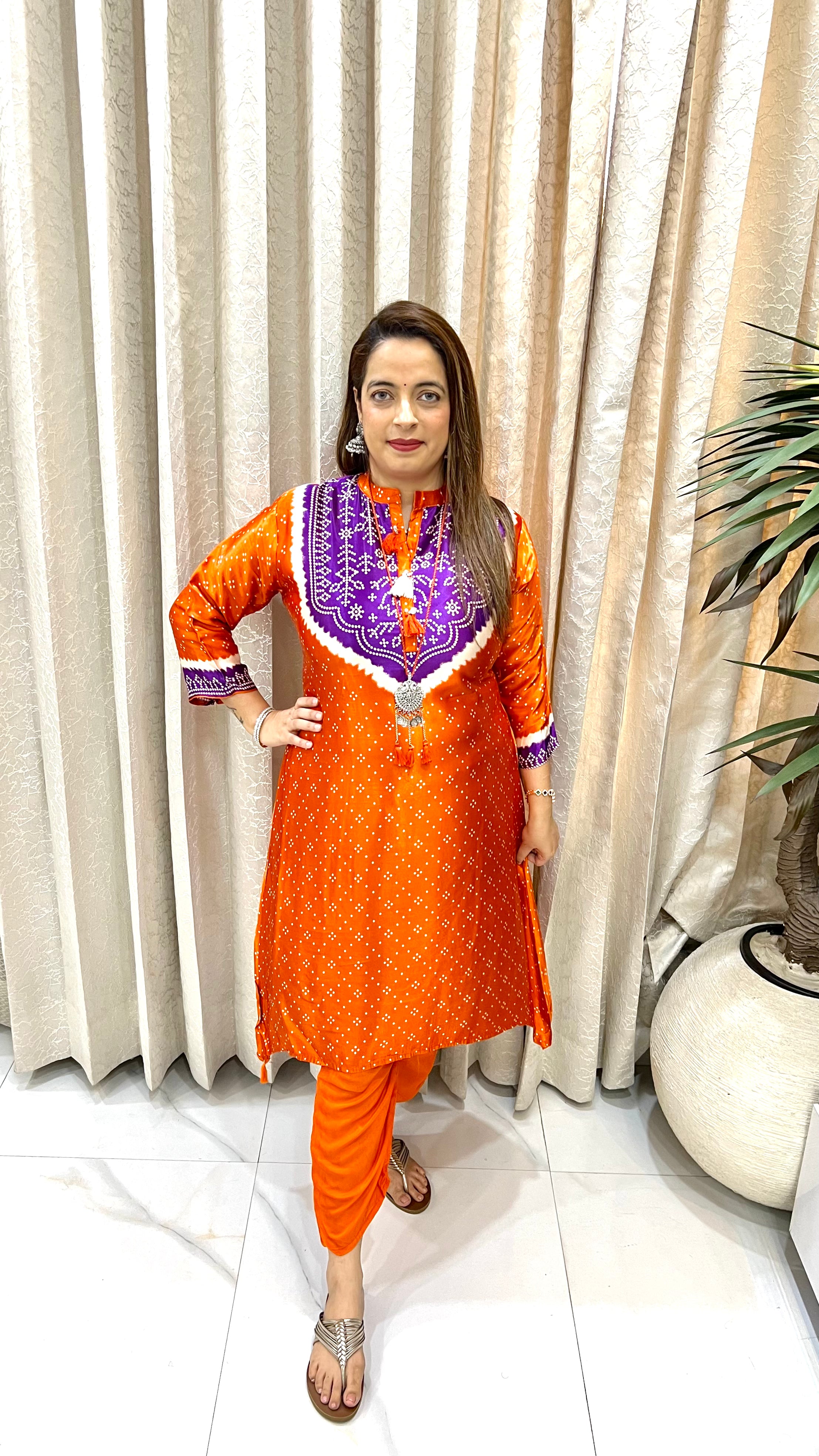 Pure Gajji Silk C-Cut Co-ord Set with Handmade Tassels & Oxidised Necklace