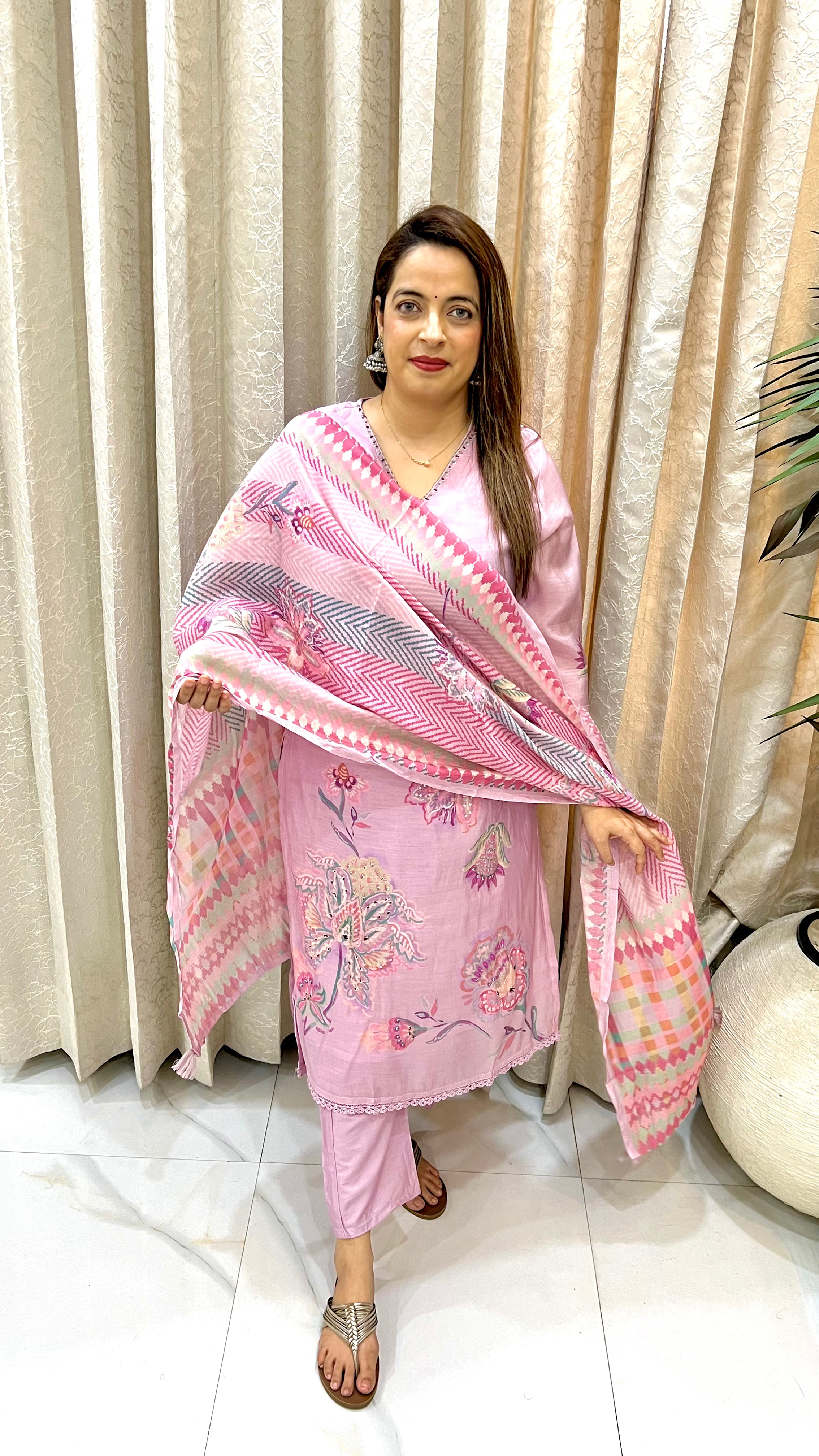 Mul Chanderi Digital Print Suit with Knot Work & Hand Embroidery