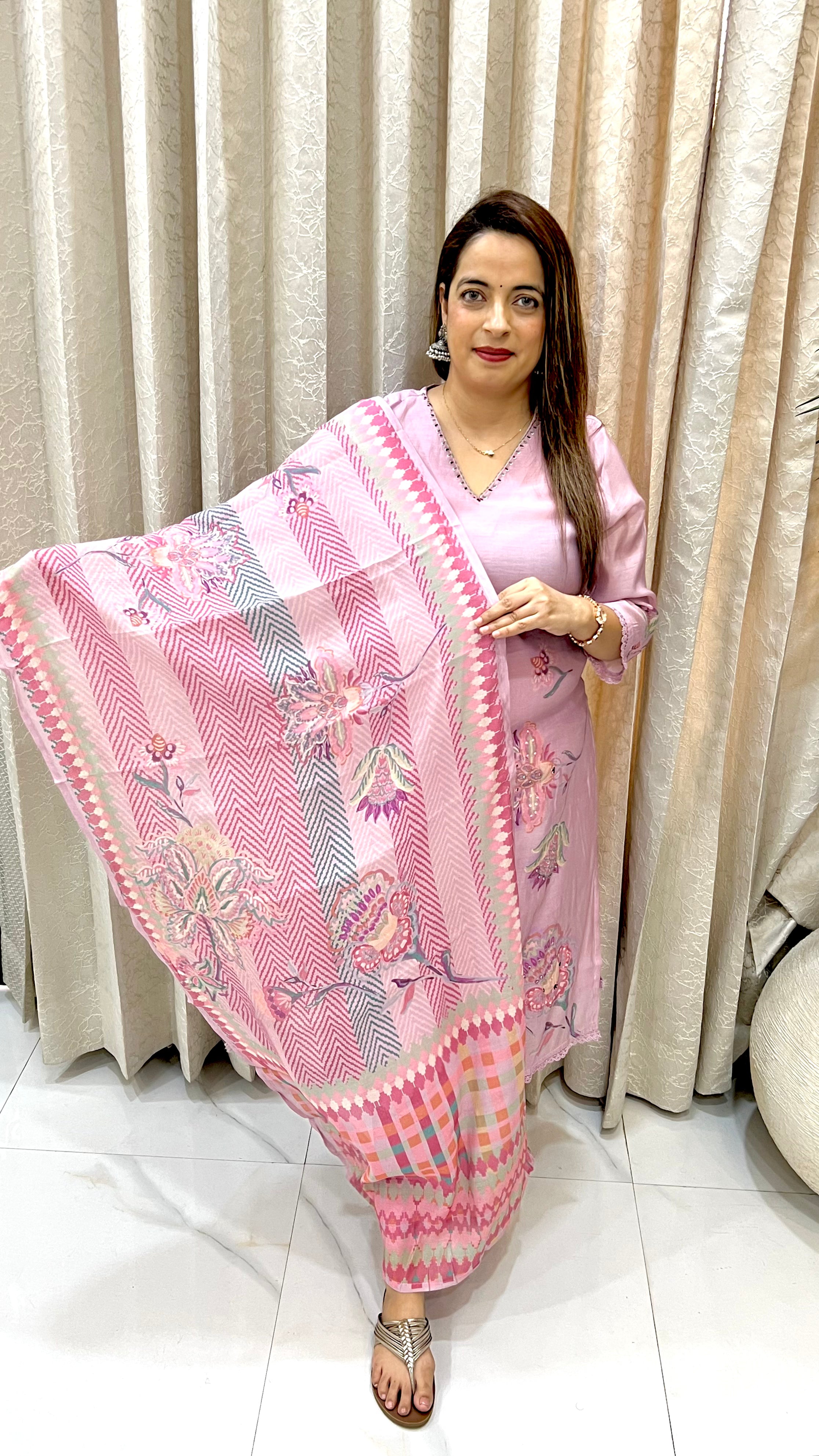 Mul Chanderi Digital Print Suit with Knot Work & Hand Embroidery