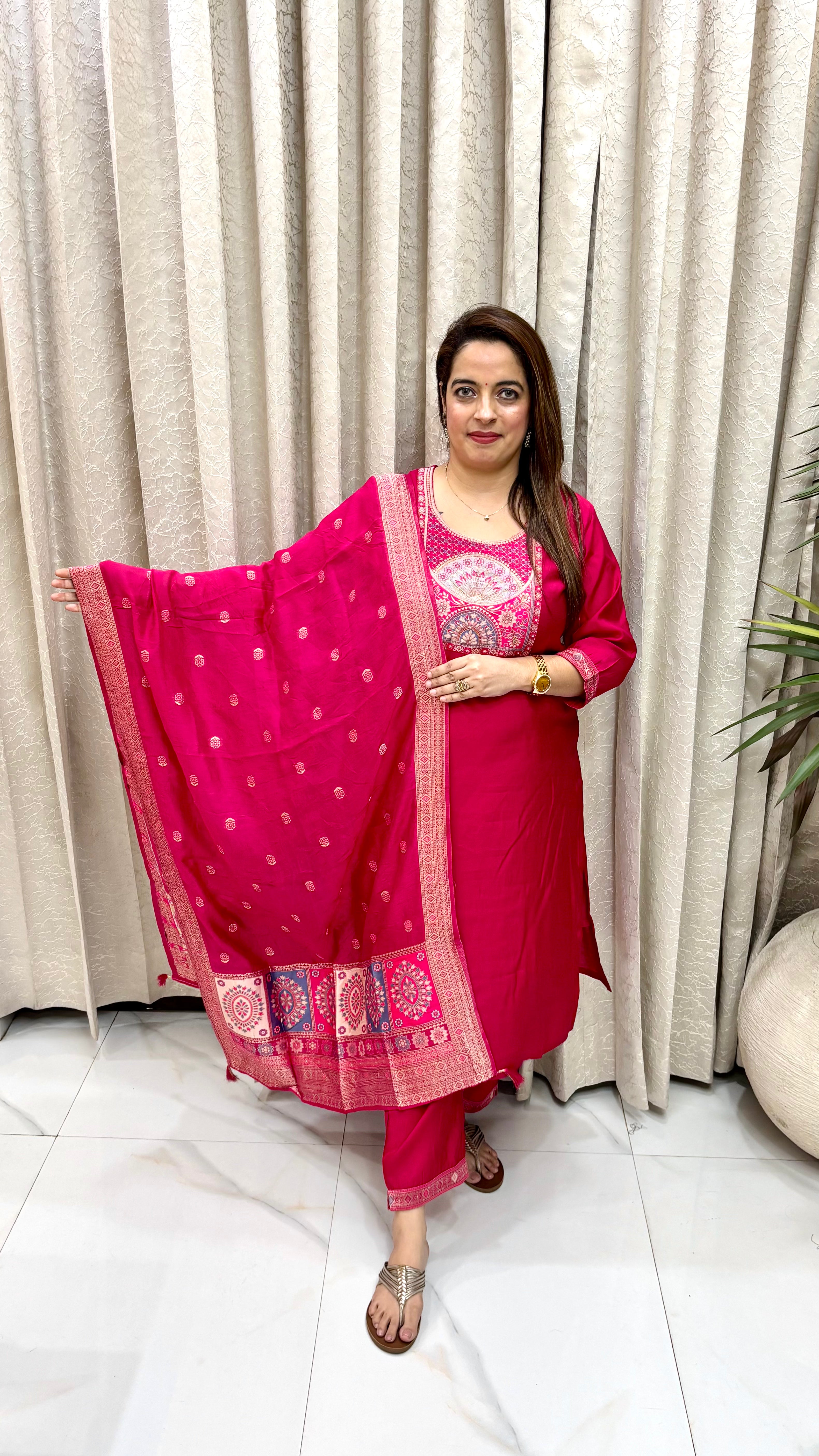 Banarasi Paper Silk Suit with Banarasi Tassel Dupatta & Embroidered Shantoon Bottom