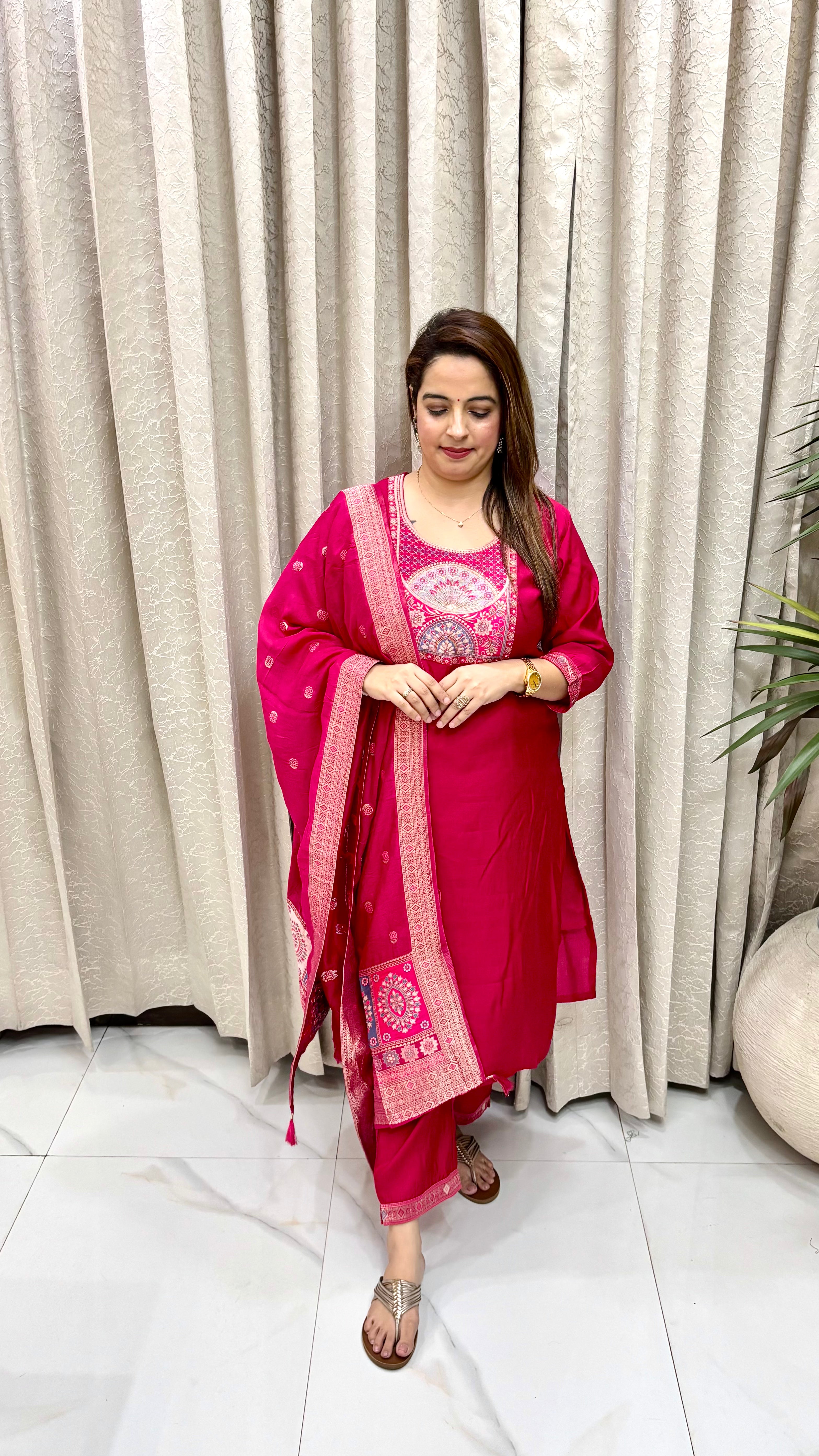 Banarasi Paper Silk Suit with Banarasi Tassel Dupatta & Embroidered Shantoon Bottom
