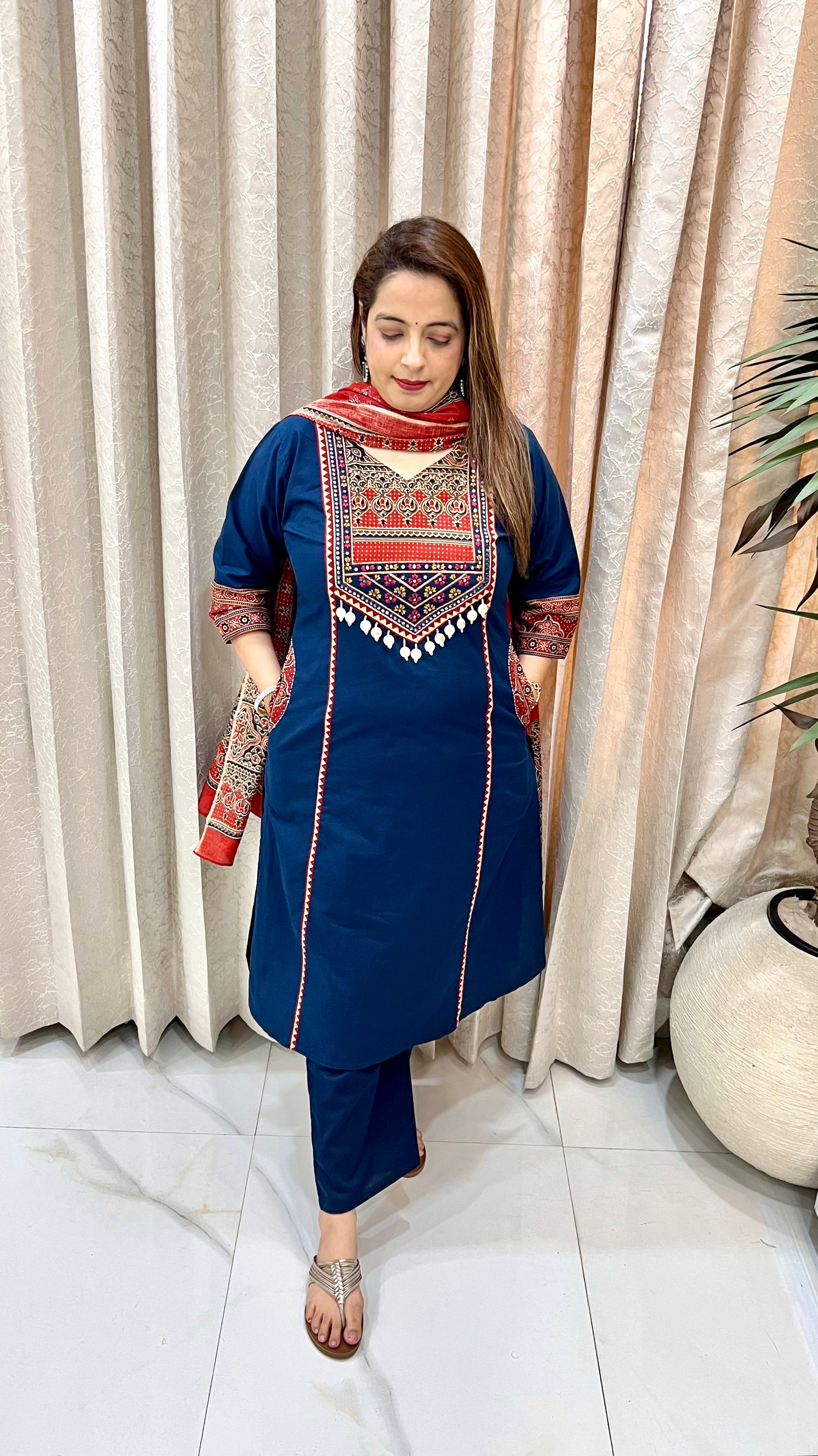 Pure Cotton Kalamkari Print Suit with Resham Work & Designer Pockets