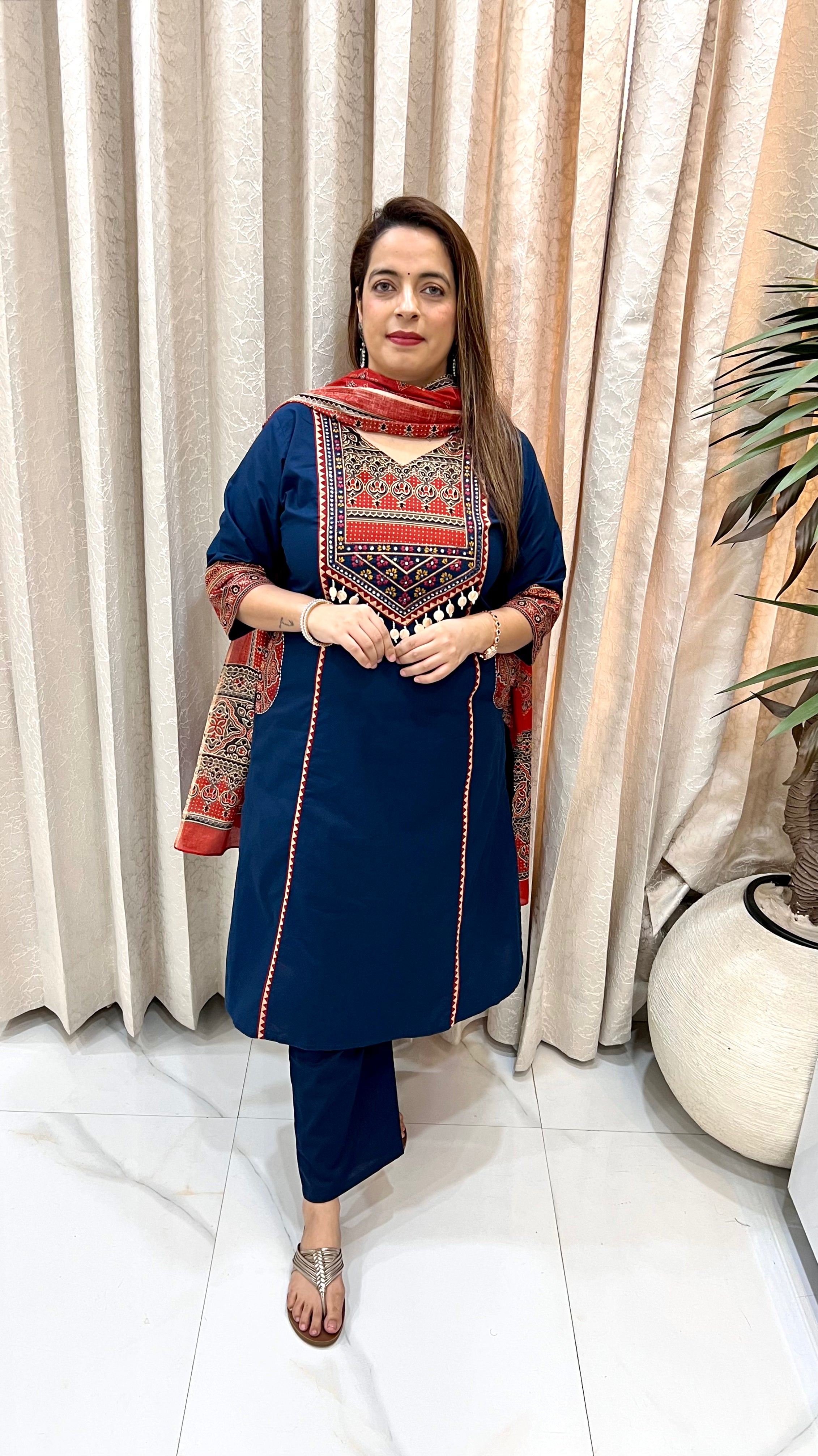 Pure Cotton Kalamkari Print Suit with Resham Work & Designer Pockets