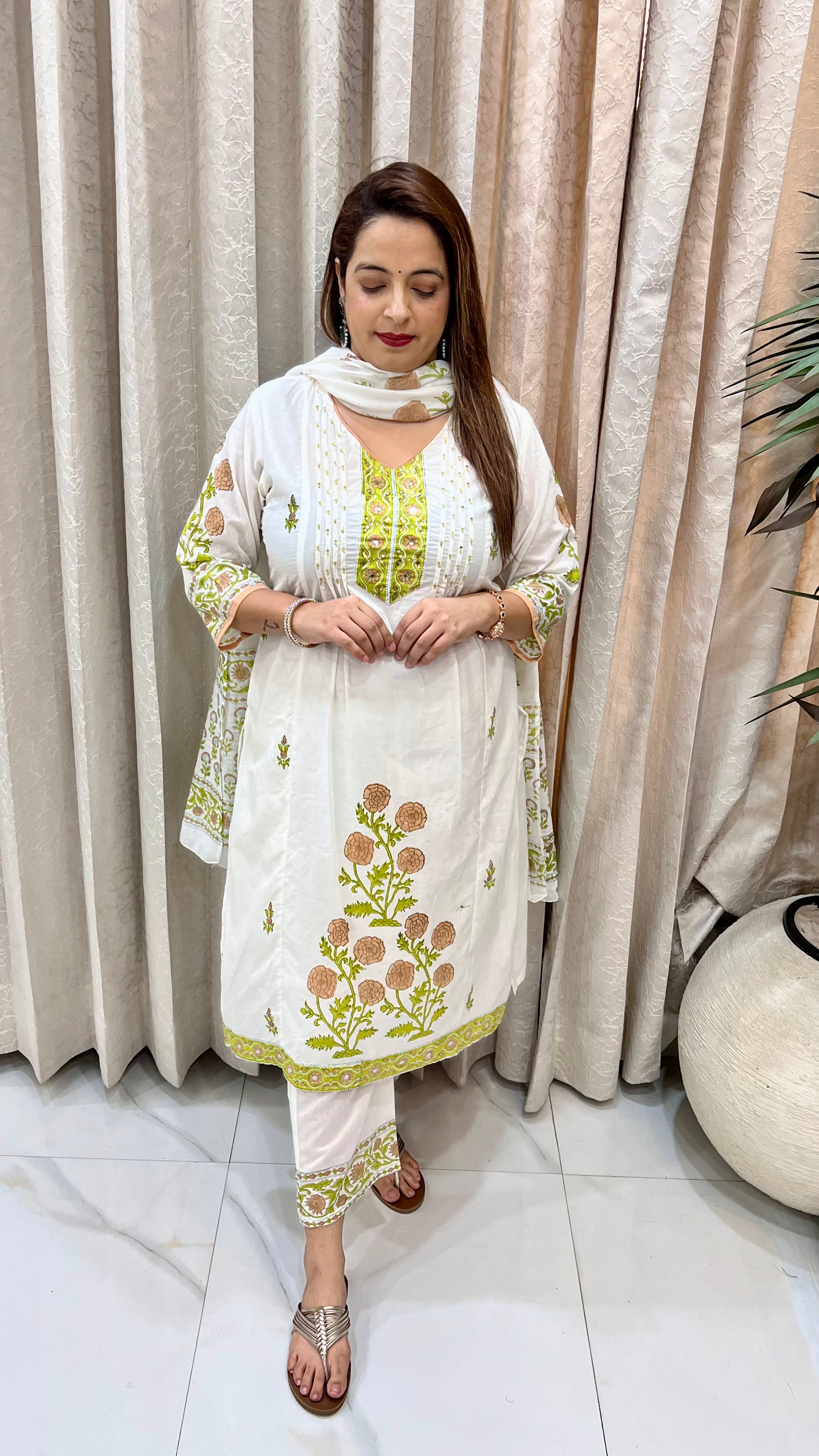 Mul Cotton Block Print Suit with Pintex Panels