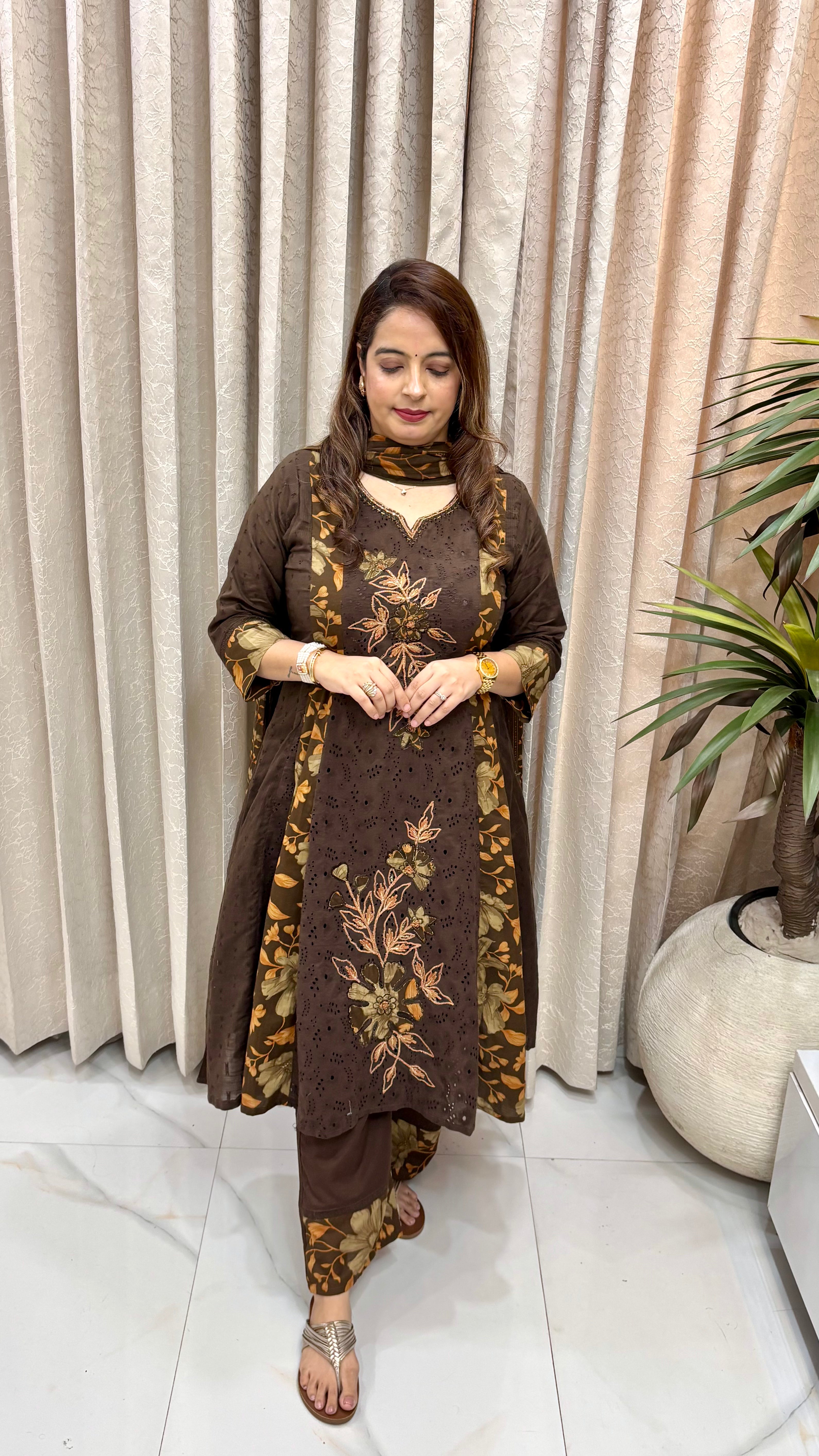 Pure Mulmul Cotton Schiffli Floral Suit Set