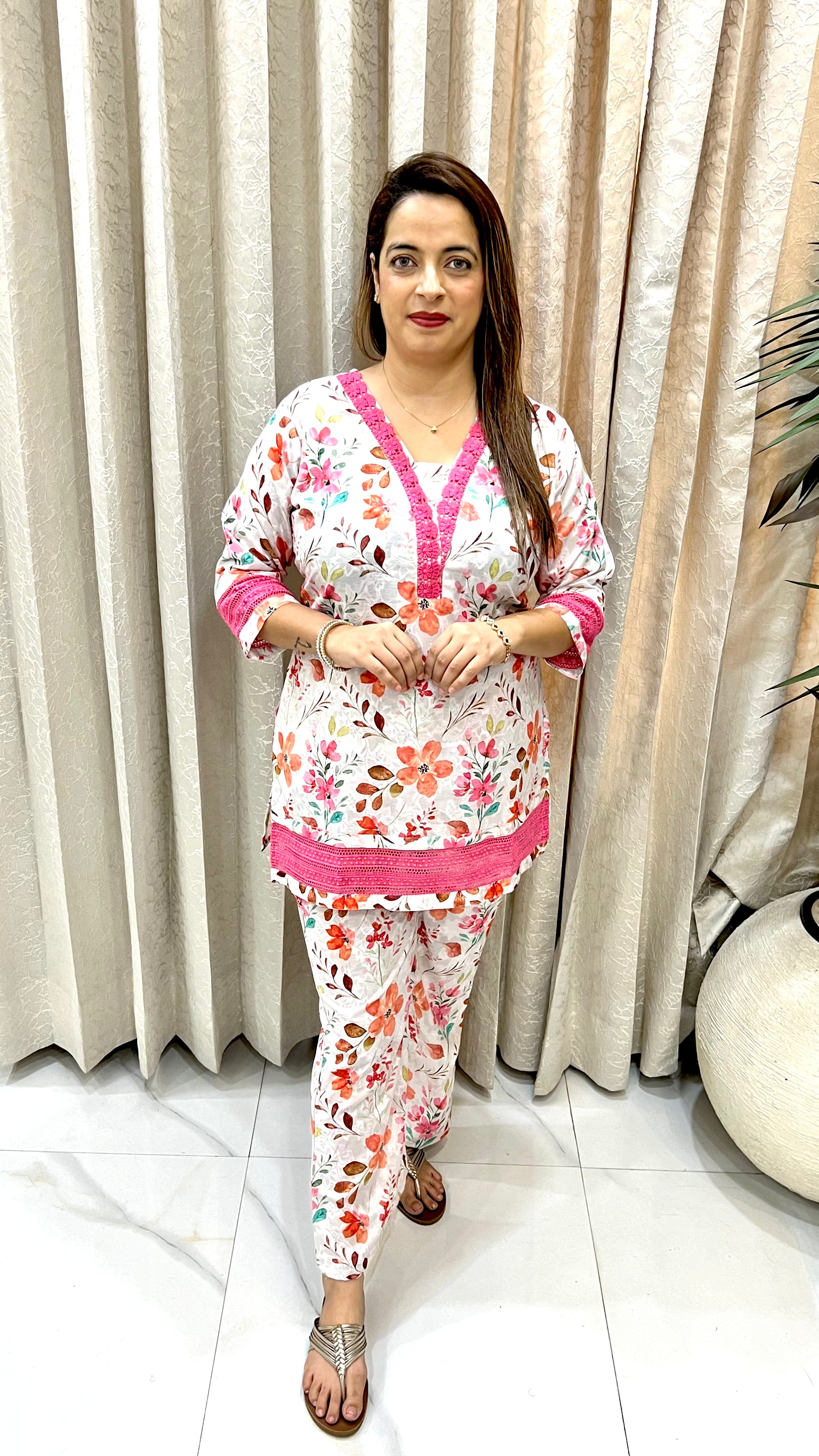 Pakistani Style Cotton Co-ord Set with Self-Print & Crochet Lace