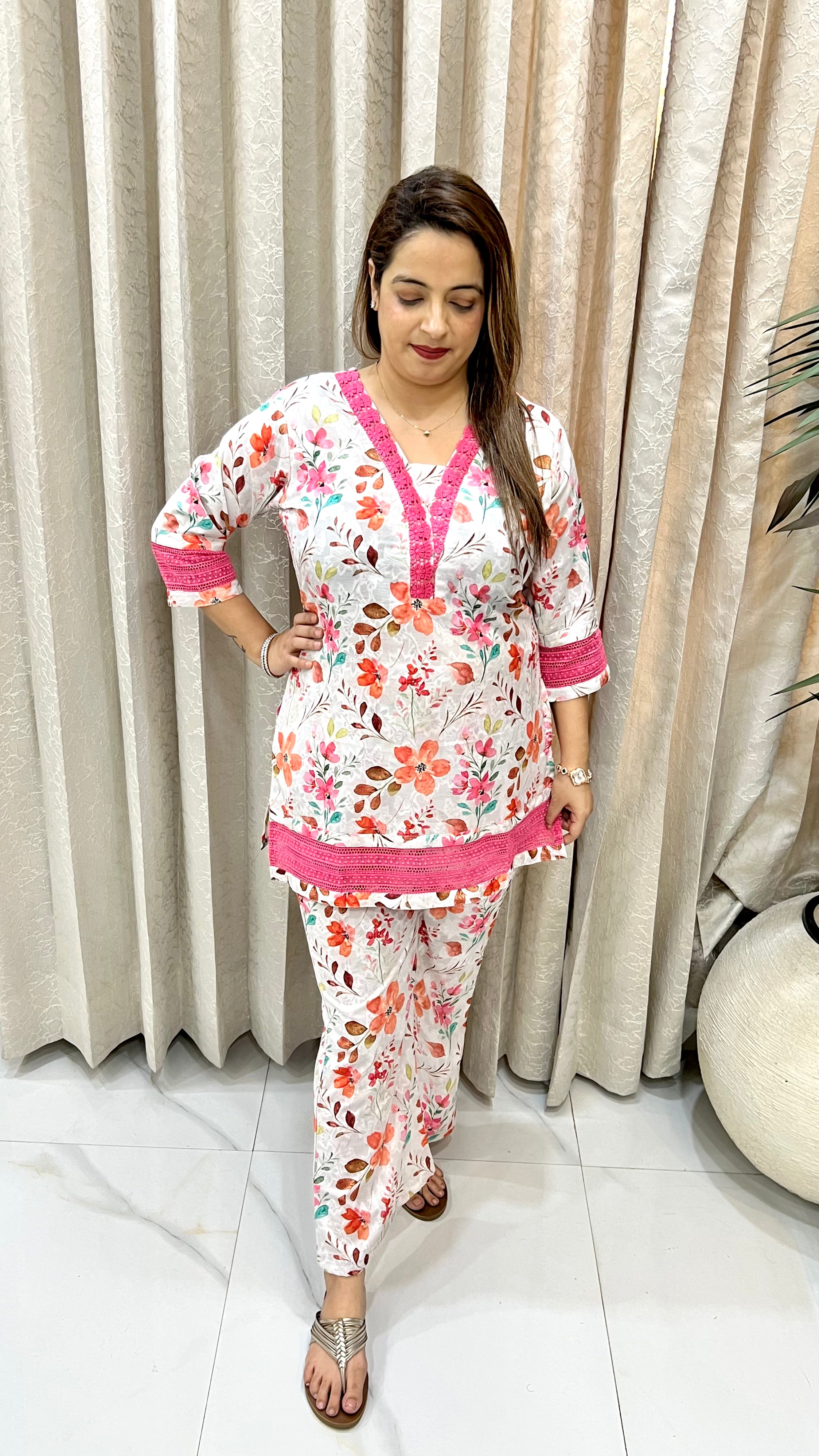 Pakistani Style Cotton Co-ord Set with Self-Print & Crochet Lace