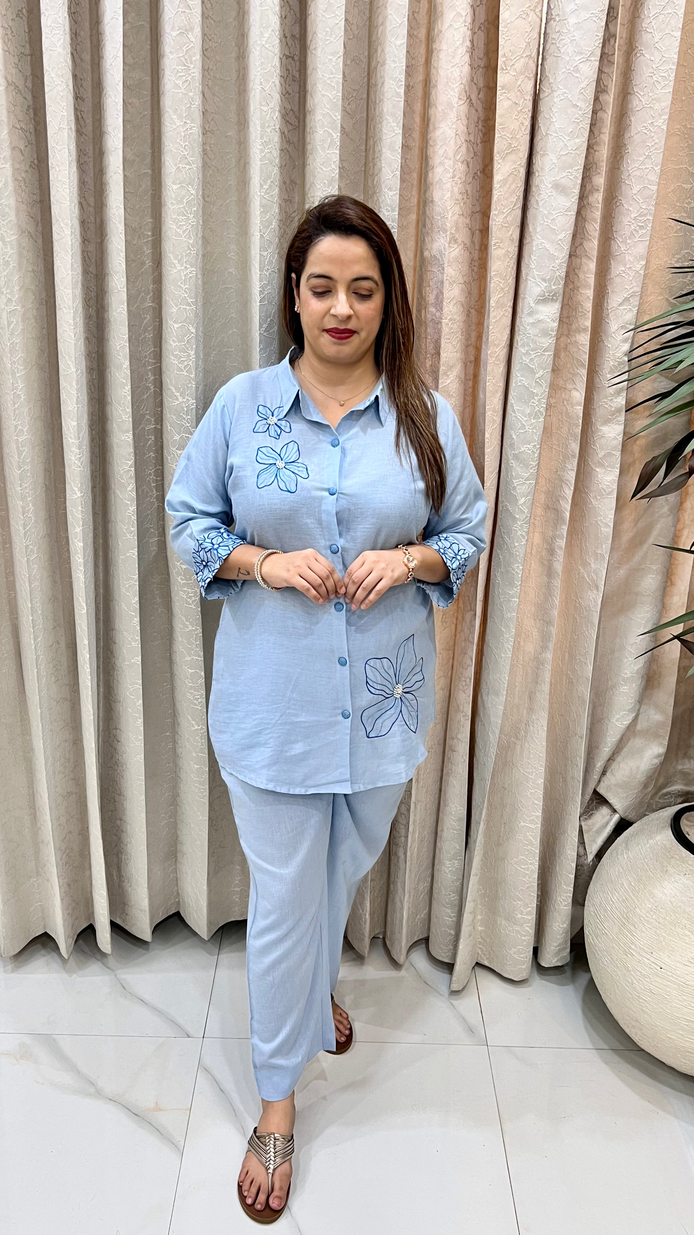 Pure Linen Floral Embroidered Co-ord Set with Looser Bottom