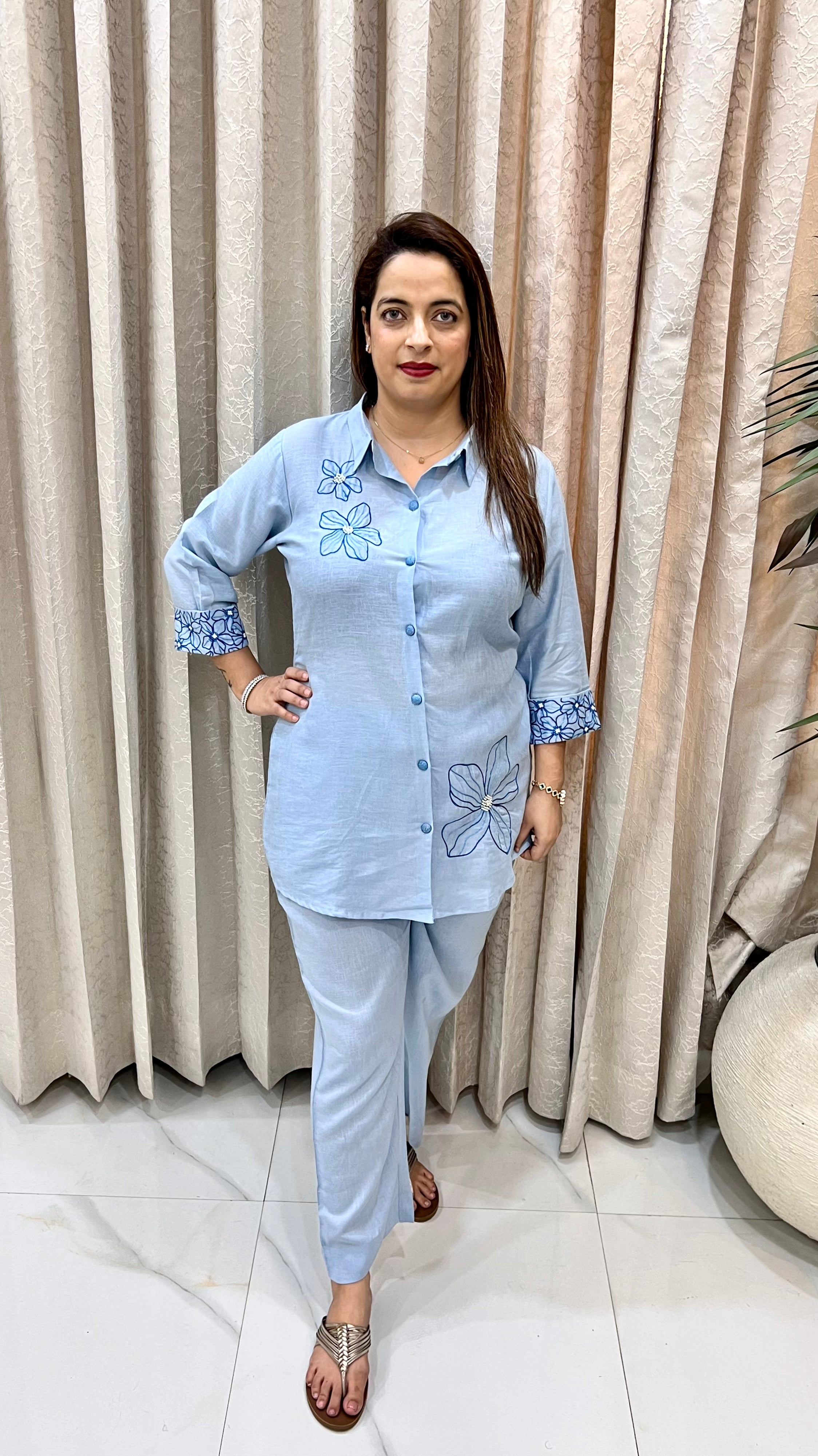 Pure Linen Floral Embroidered Co-ord Set with Looser Bottom