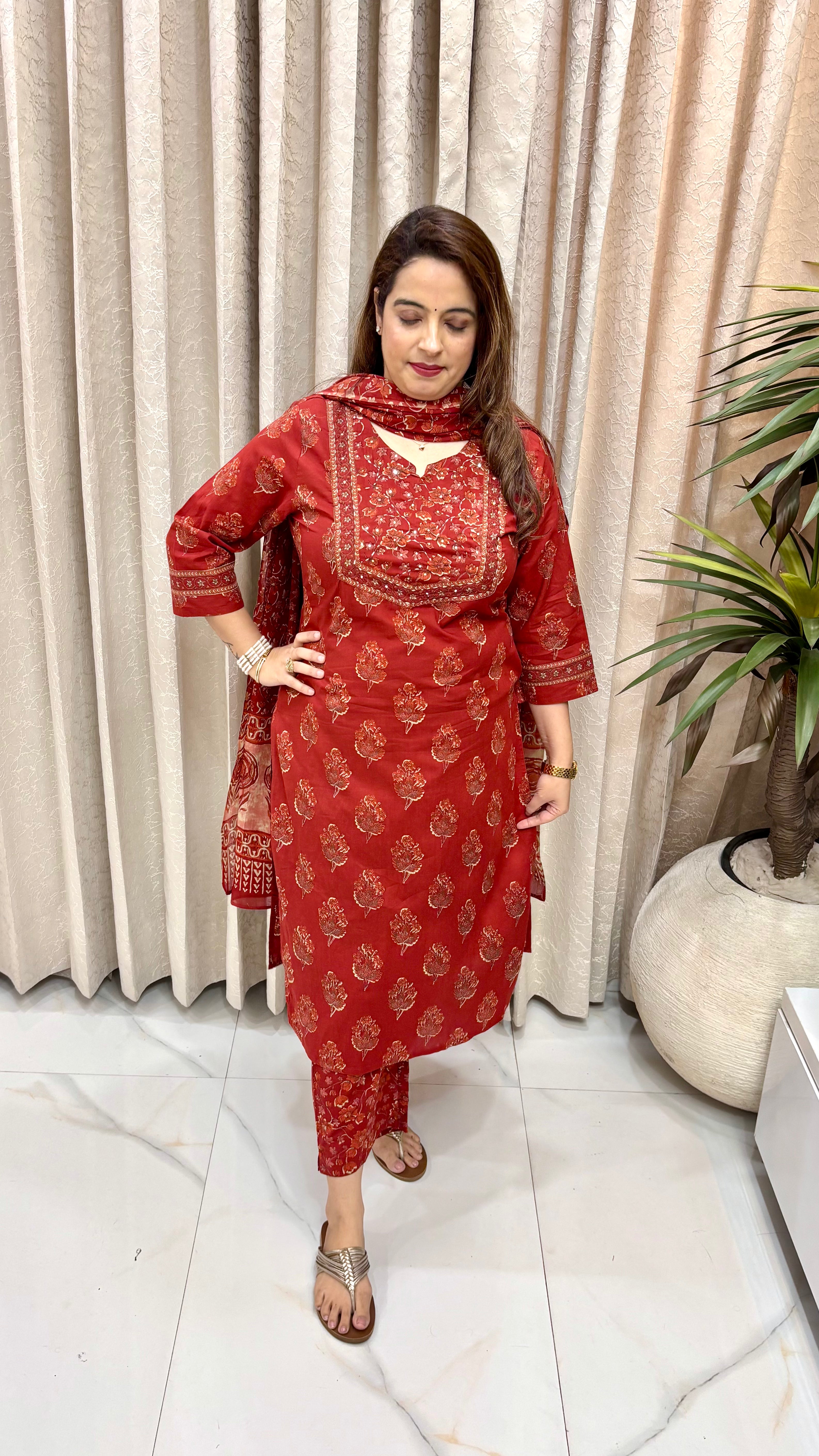 Pure Cotton Printed Suit with Hand Katha Work, Sequence Detailing & Utility Pocket