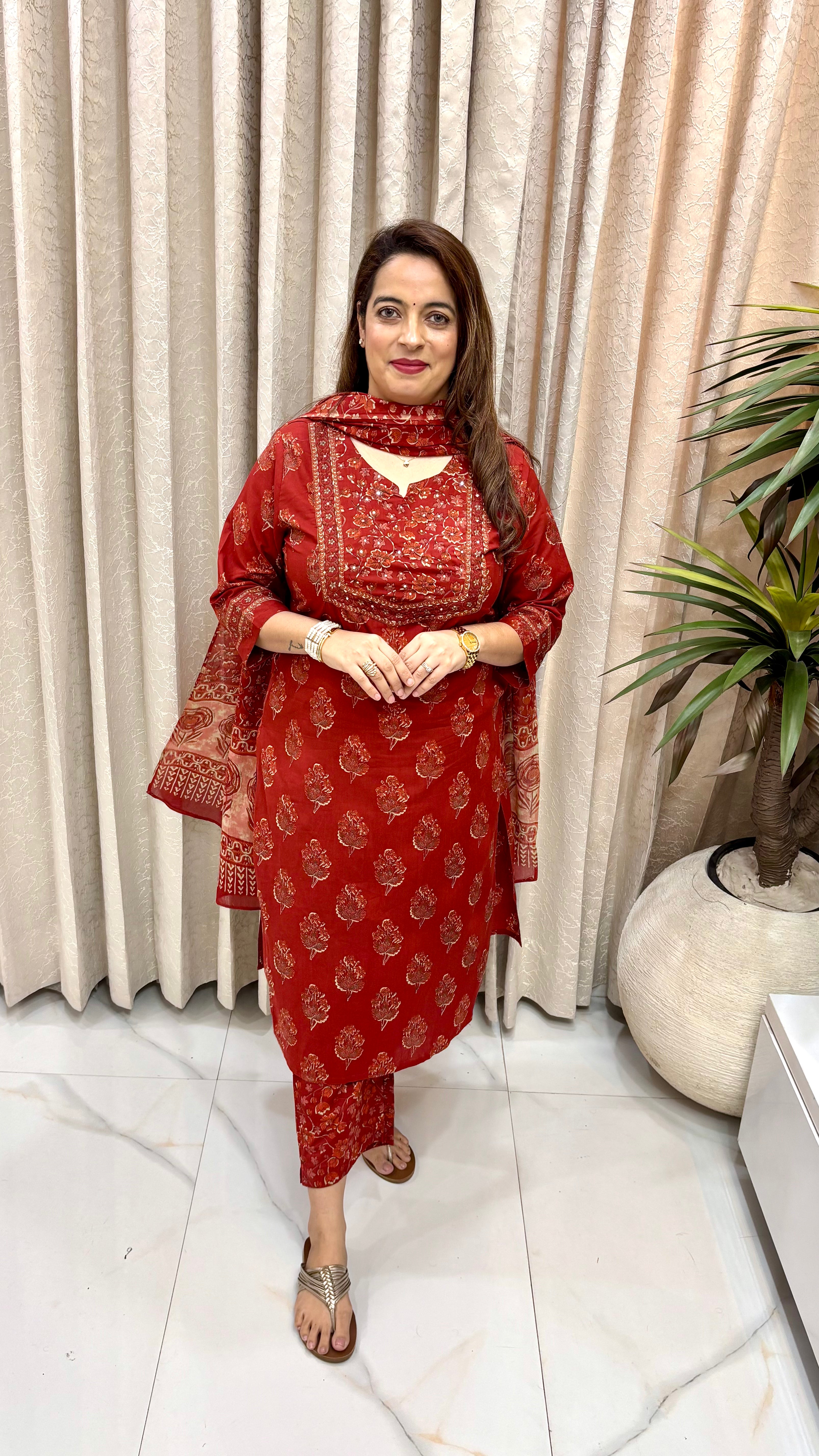 Pure Cotton Printed Suit with Hand Katha Work, Sequence Detailing & Utility Pocket