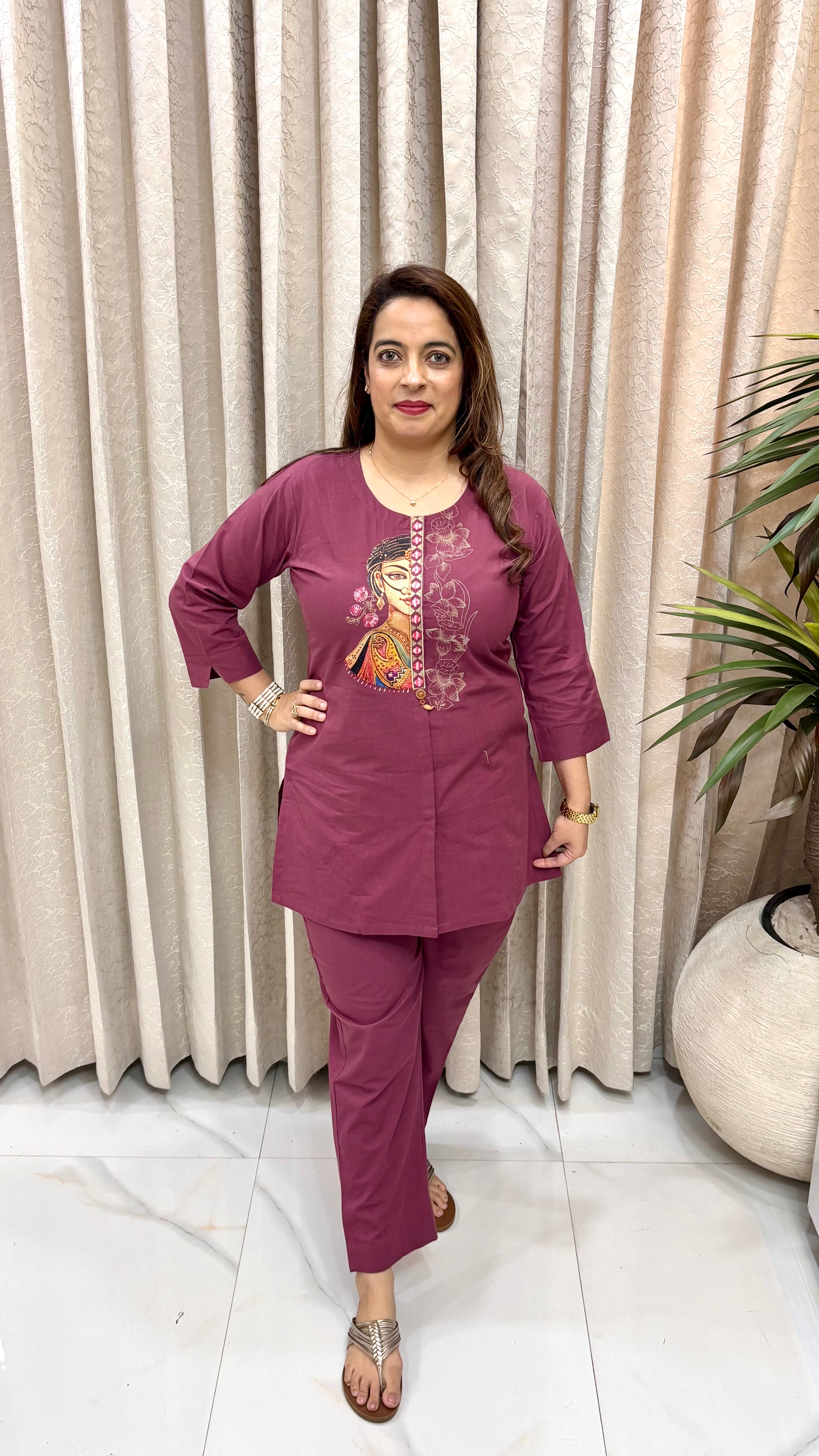 Pure Cotton Figure & Floral Print Co-ord Set with Royal Brooch & Pocket Bottom