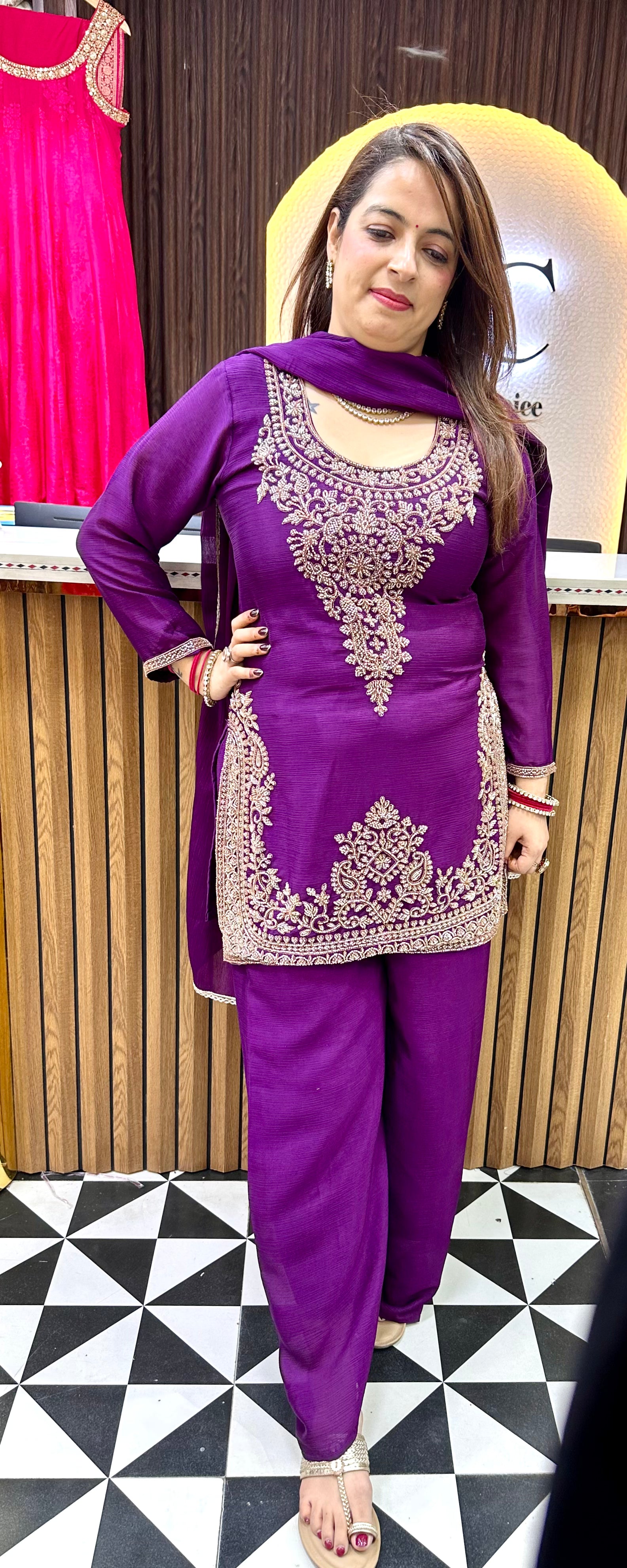 Fluid Opulence: Pure Chinon Suit Set with Fine Embroidery Work