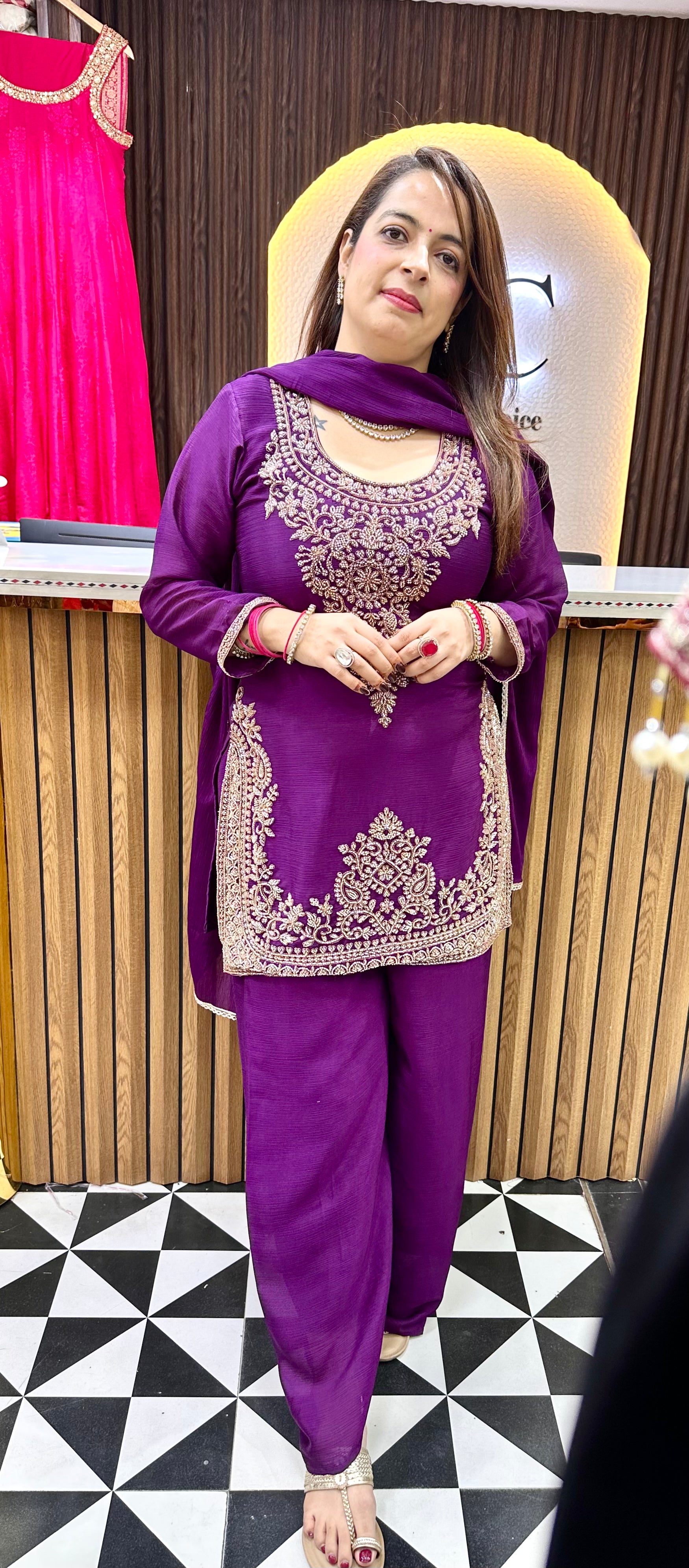 Fluid Opulence: Pure Chinon Suit Set with Fine Embroidery Work