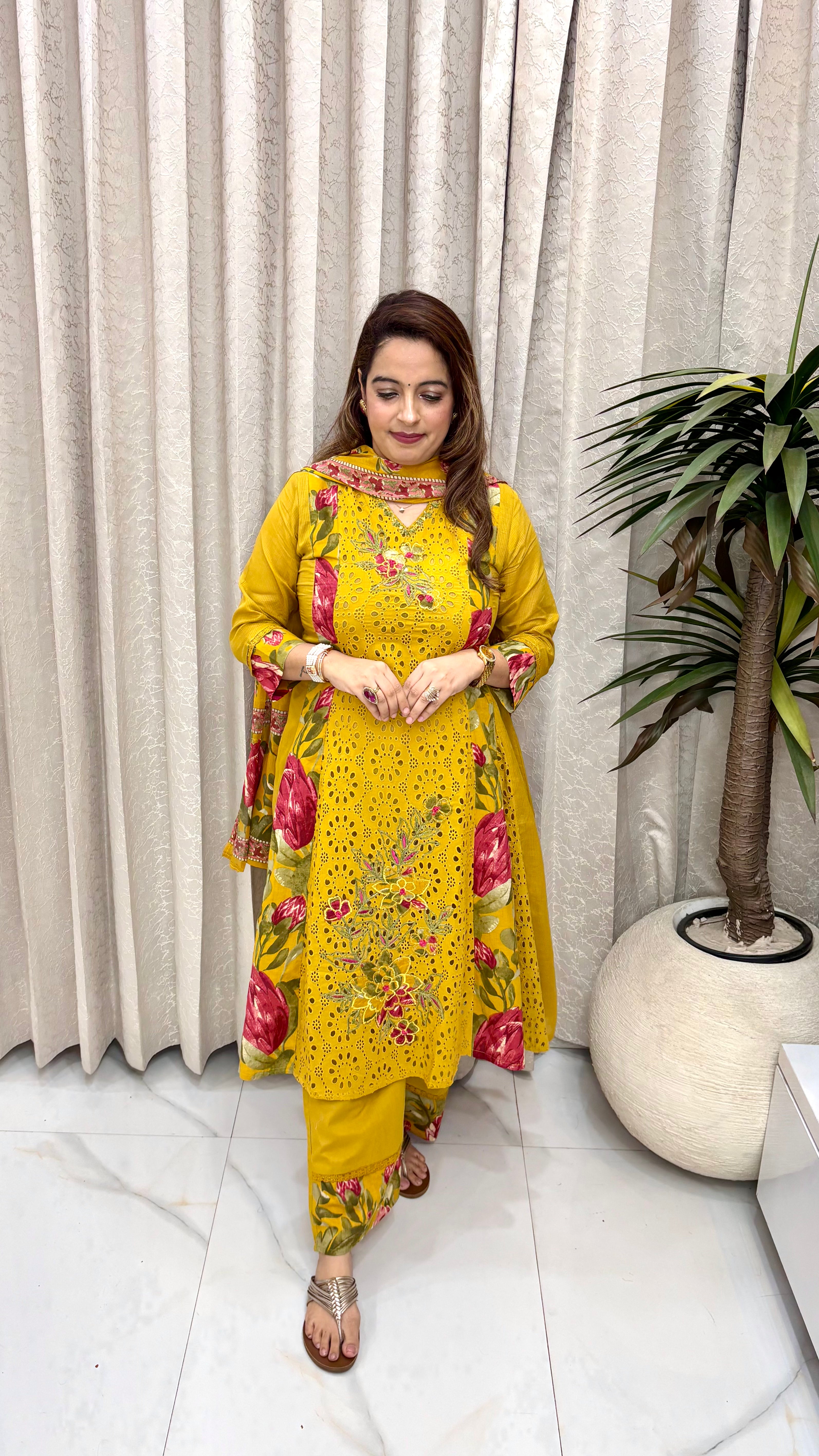 Pure Mulmul Cotton Schiffli Suit with Side-Panel Floral Prints, Resham & Mirror Work