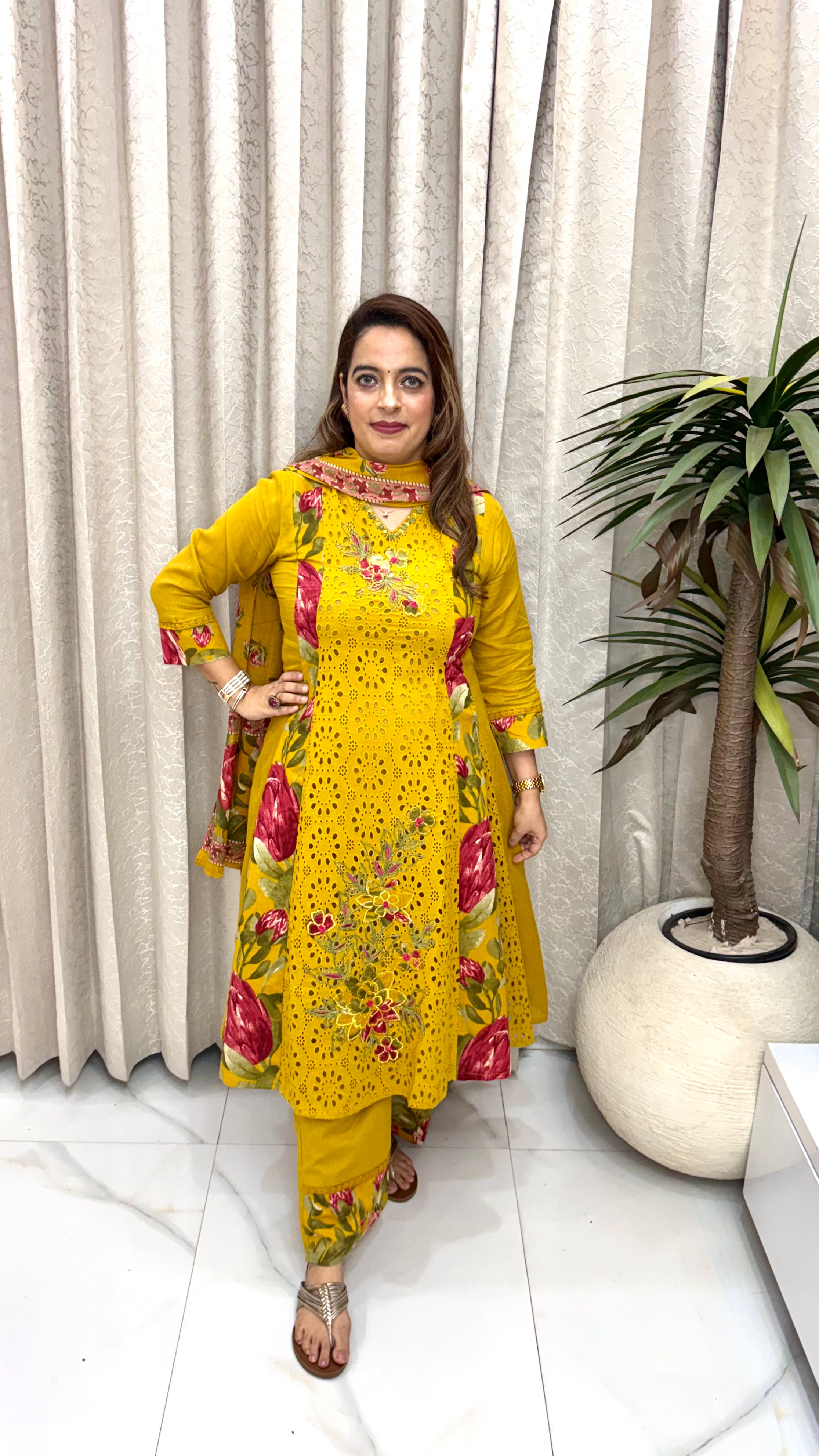 Pure Mulmul Cotton Schiffli Suit with Side-Panel Floral Prints, Resham & Mirror Work