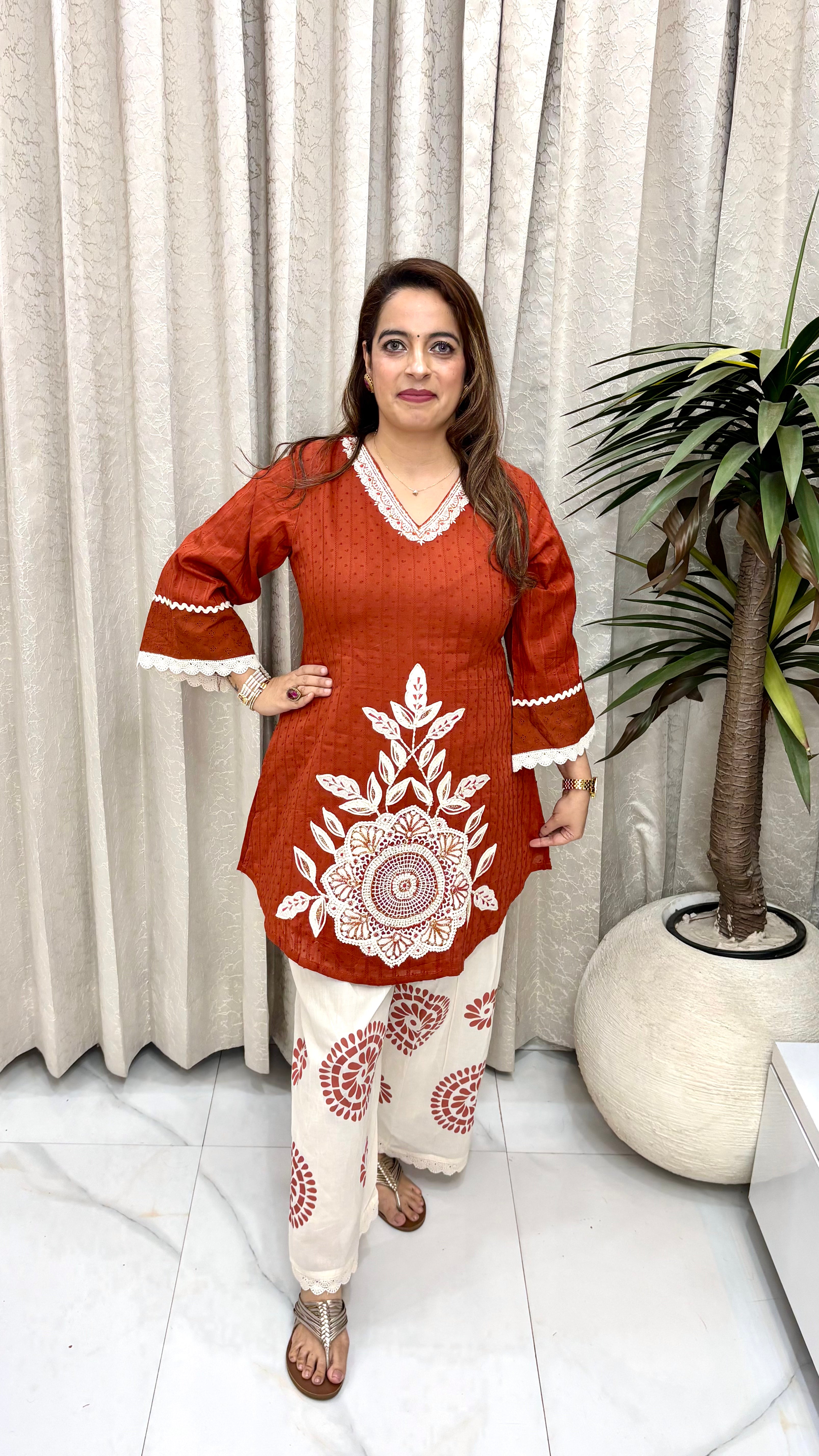 Pure Cotton Farshi Salwar Co-ord Set with Resham Embroidery & Block-Printed Details