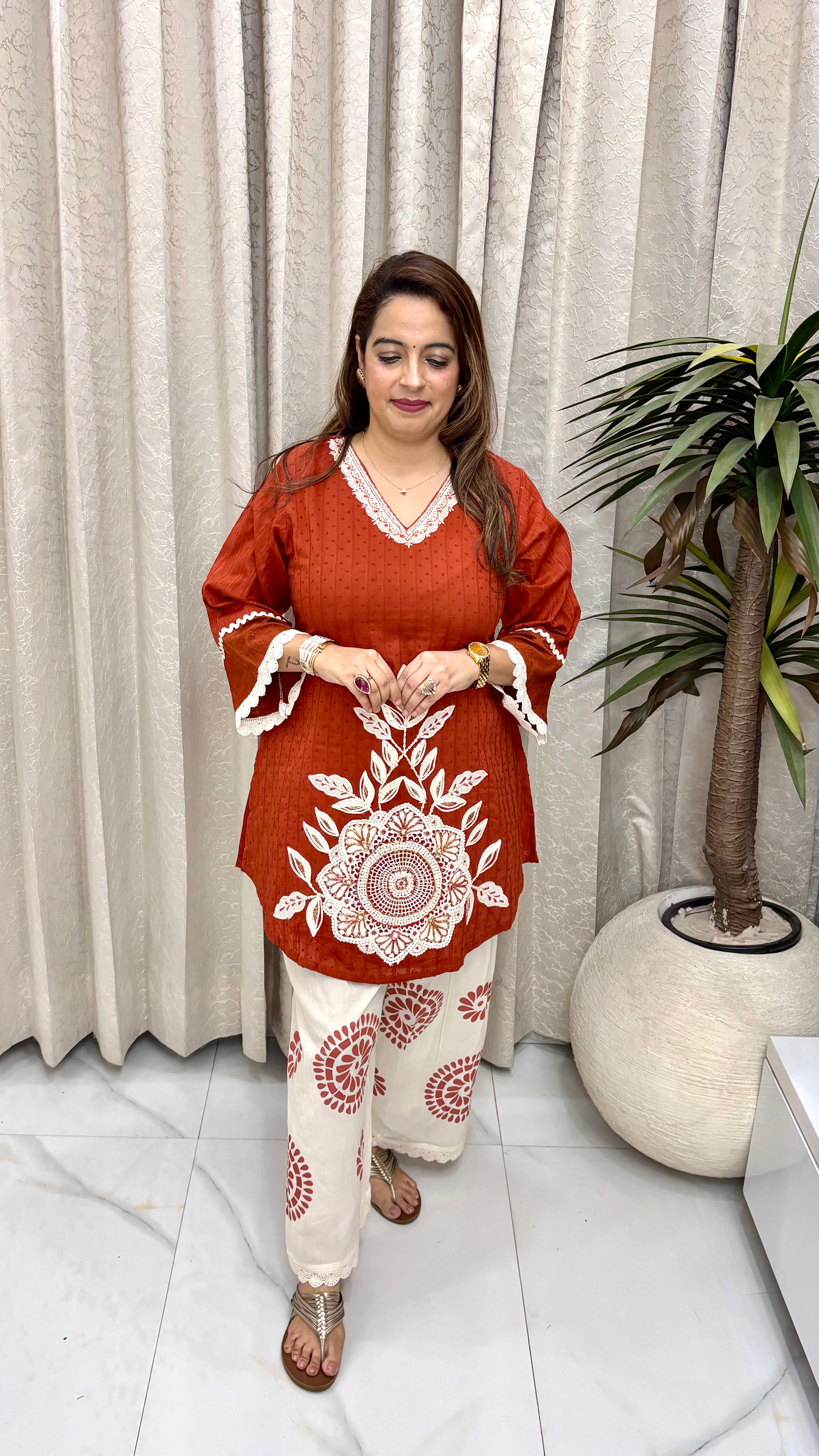 Pure Cotton Farshi Salwar Co-ord Set with Resham Embroidery & Block-Printed Details