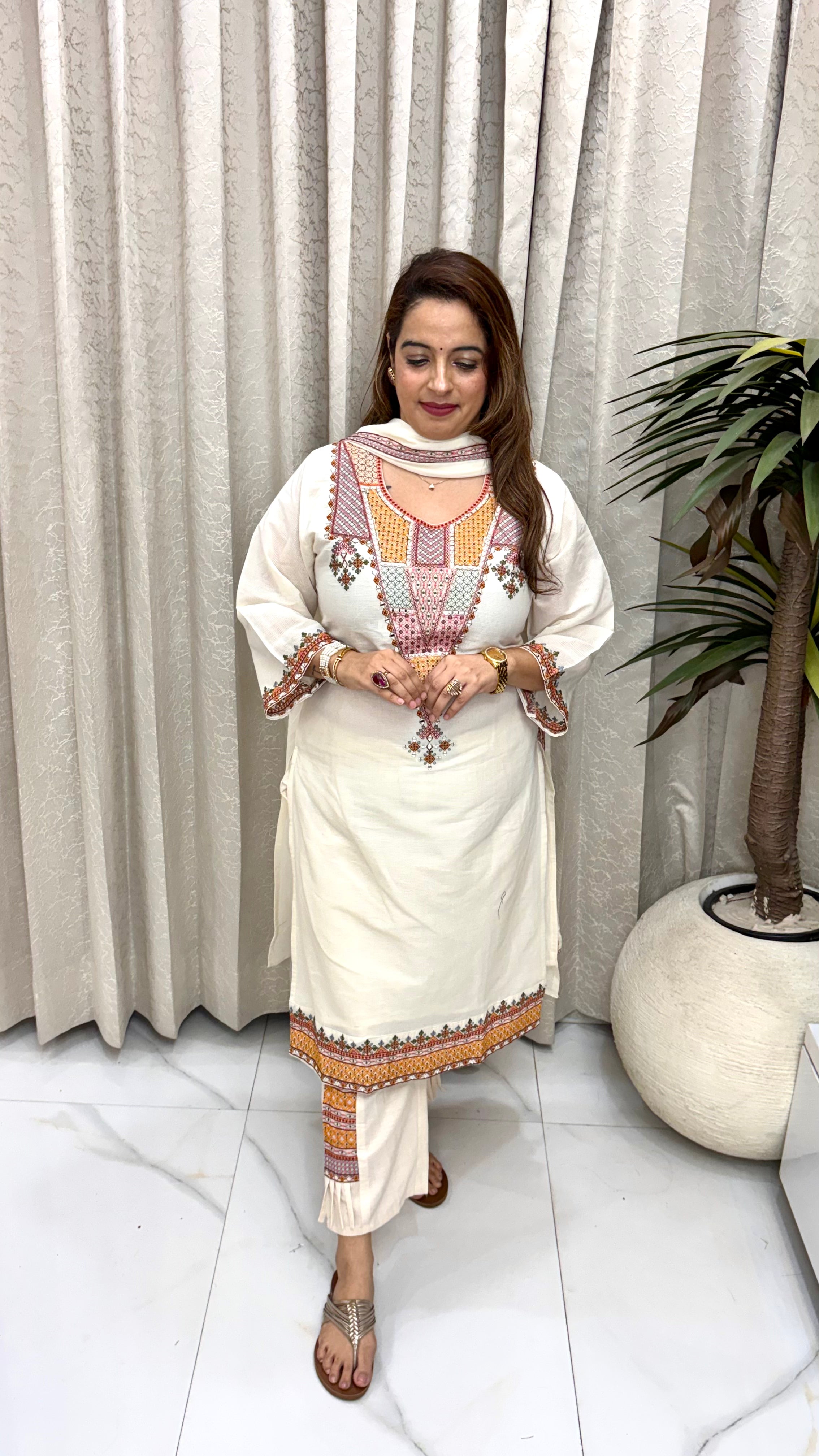 Handloom Cotton Kutch Embroidery Suit with Mirror Work & Lined Kurta