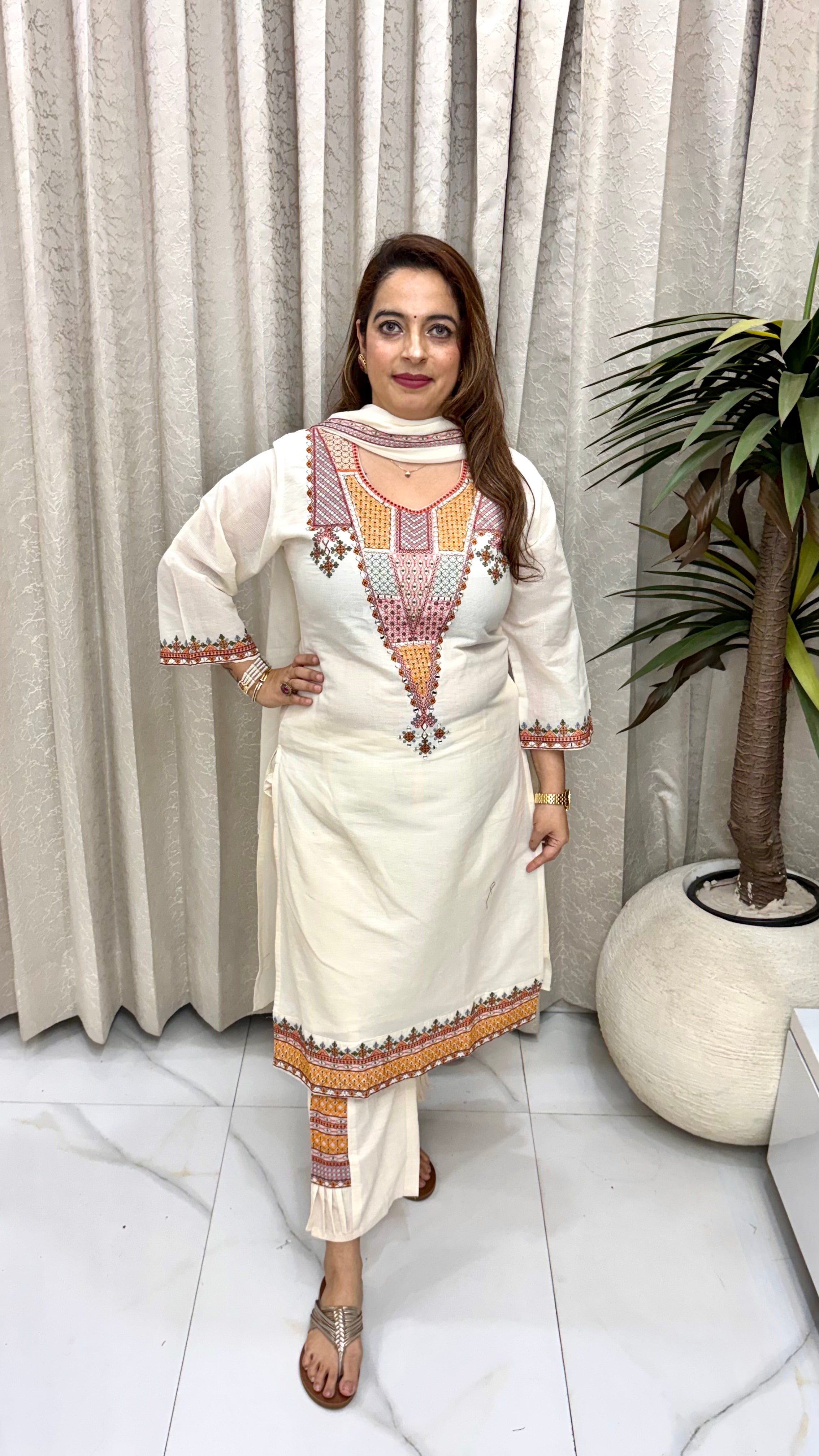 Handloom Cotton Kutch Embroidery Suit with Mirror Work & Lined Kurta