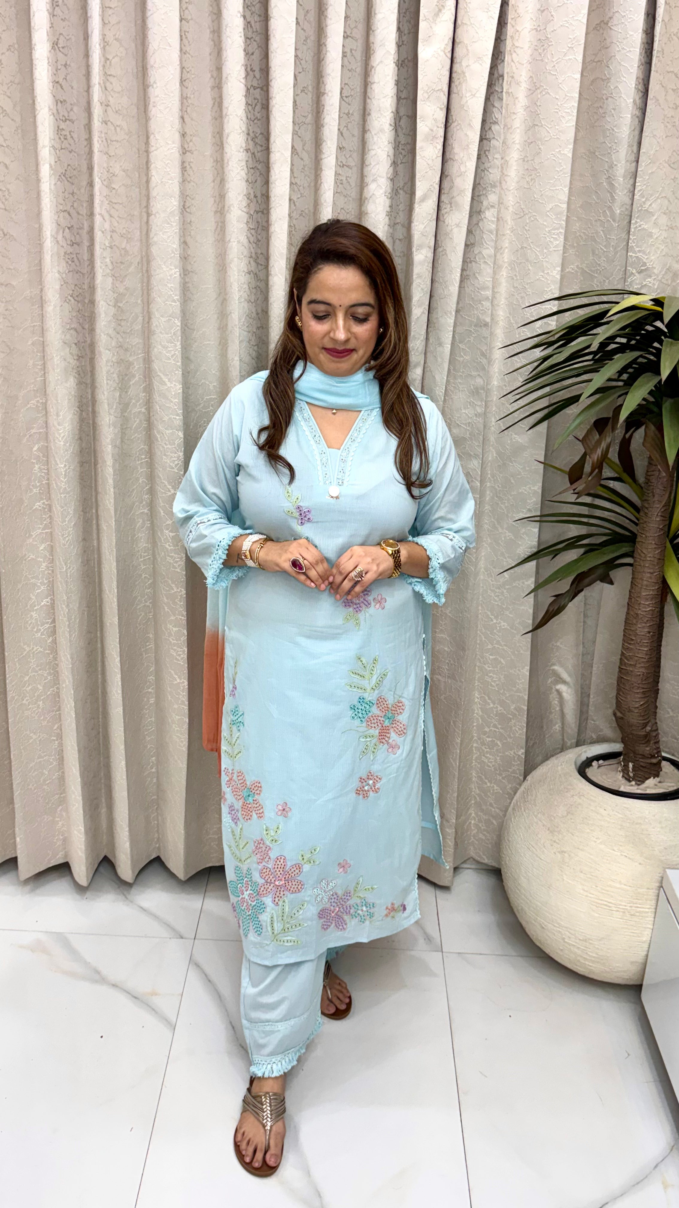 Pure Mulmul Cotton Schiffli Suit with Dual-Shade Dupatta & Crochet Lace Details
