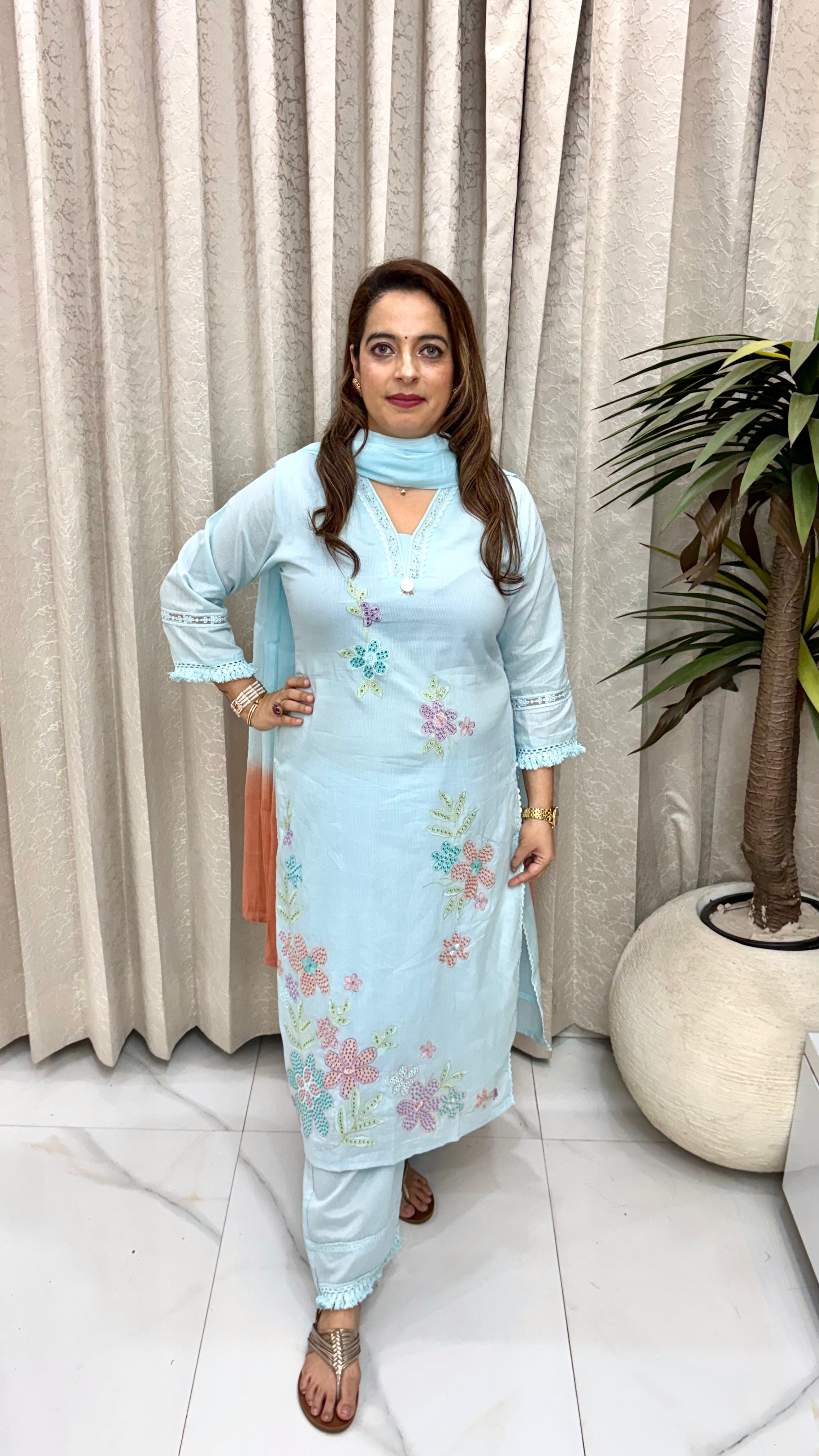 Pure Mulmul Cotton Schiffli Suit with Dual-Shade Dupatta & Crochet Lace Details