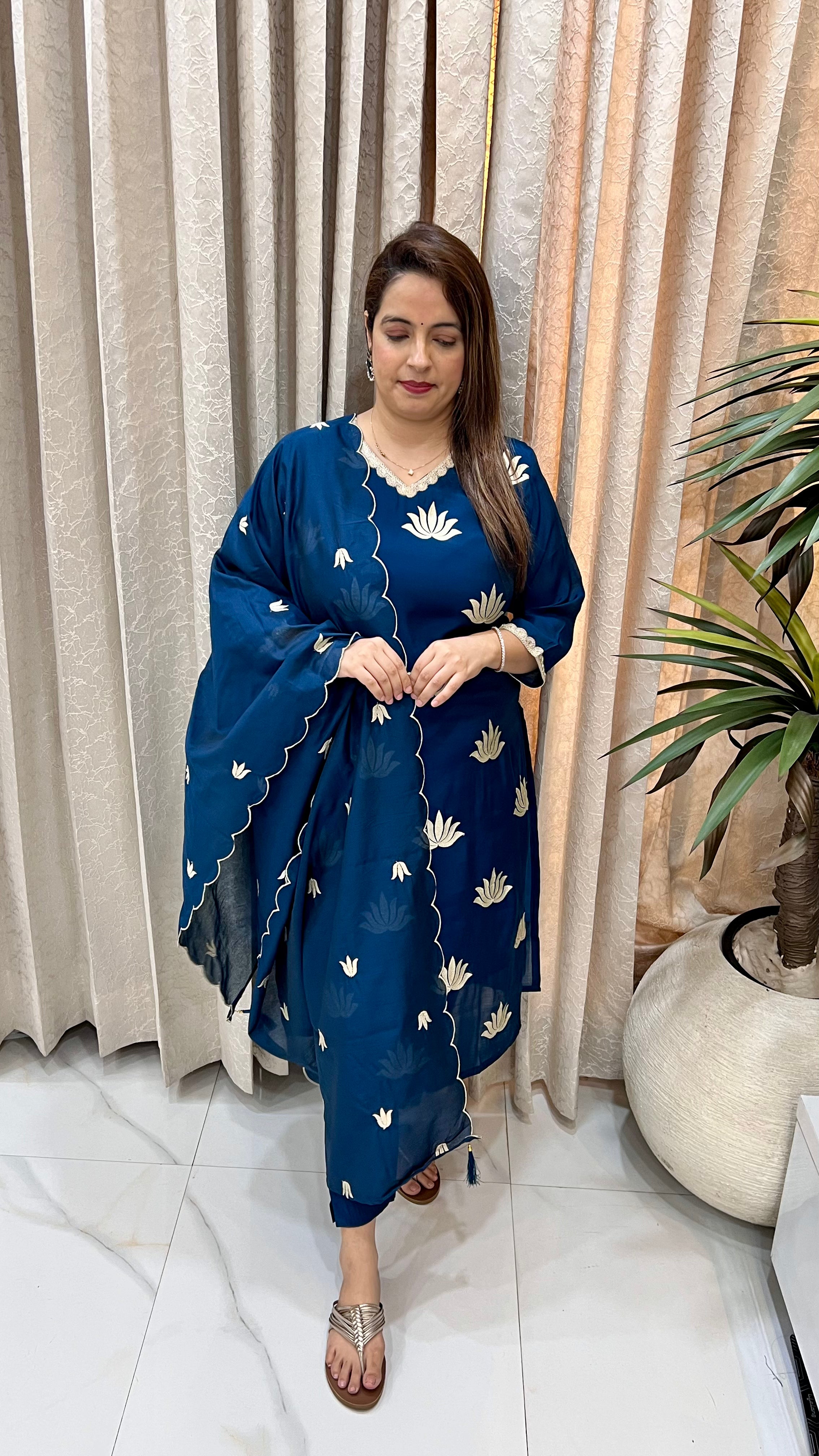 Lotus Mul Chanderi Suit with Thread Embroidery