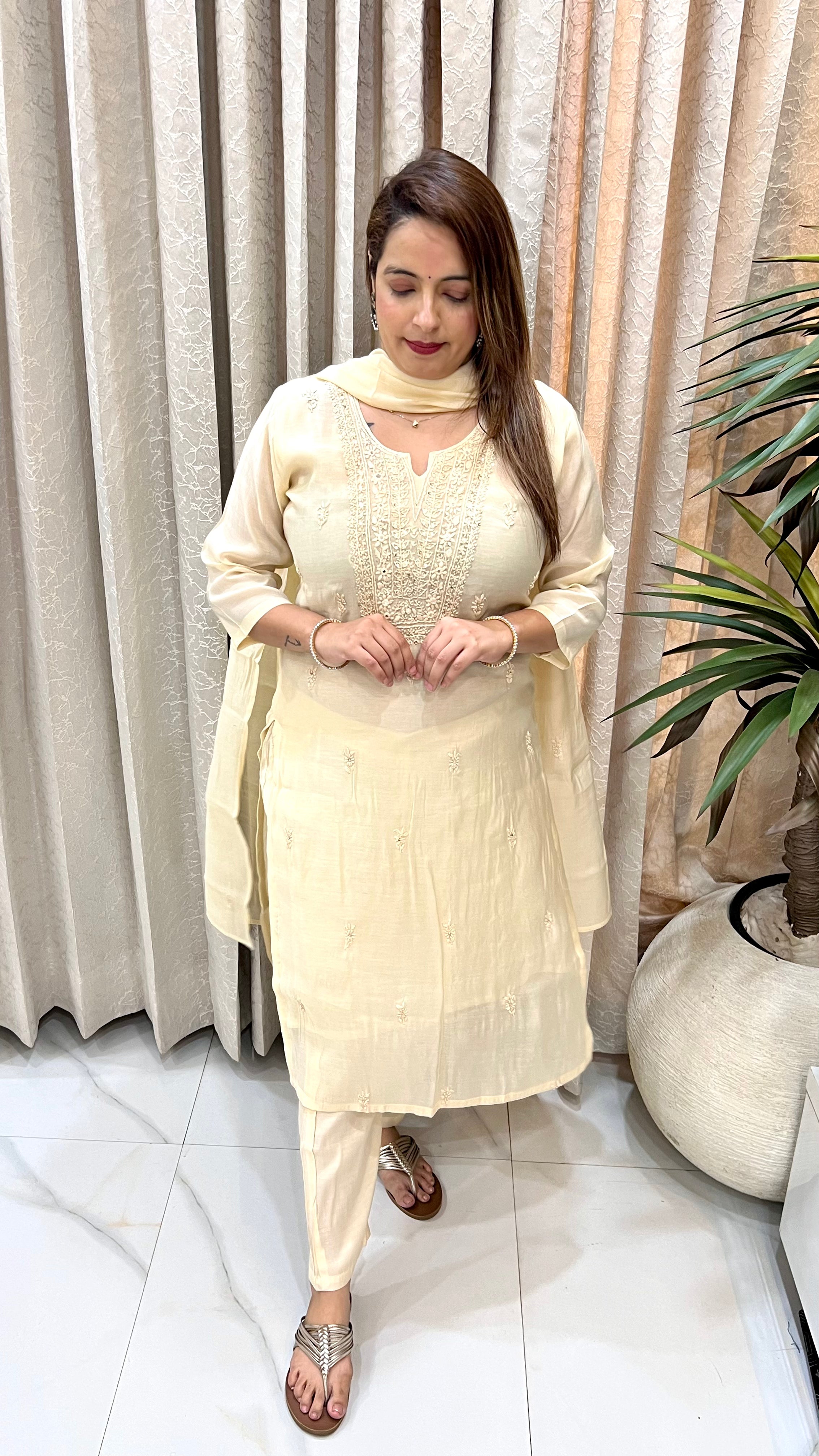 Mul Chanderi Suit with Hand Embroidery & Lucknowi Work
