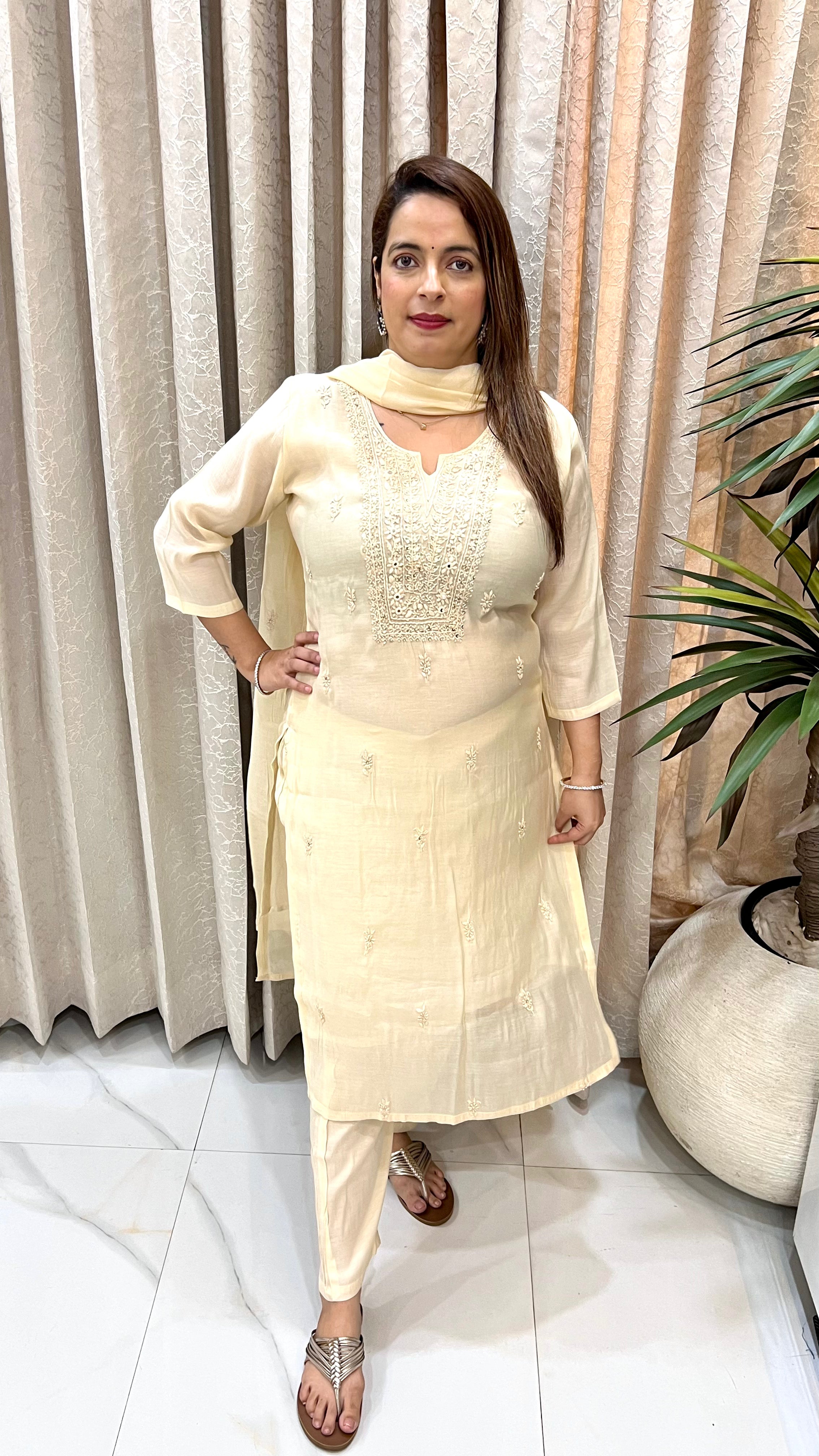Mul Chanderi Suit with Hand Embroidery & Lucknowi Work