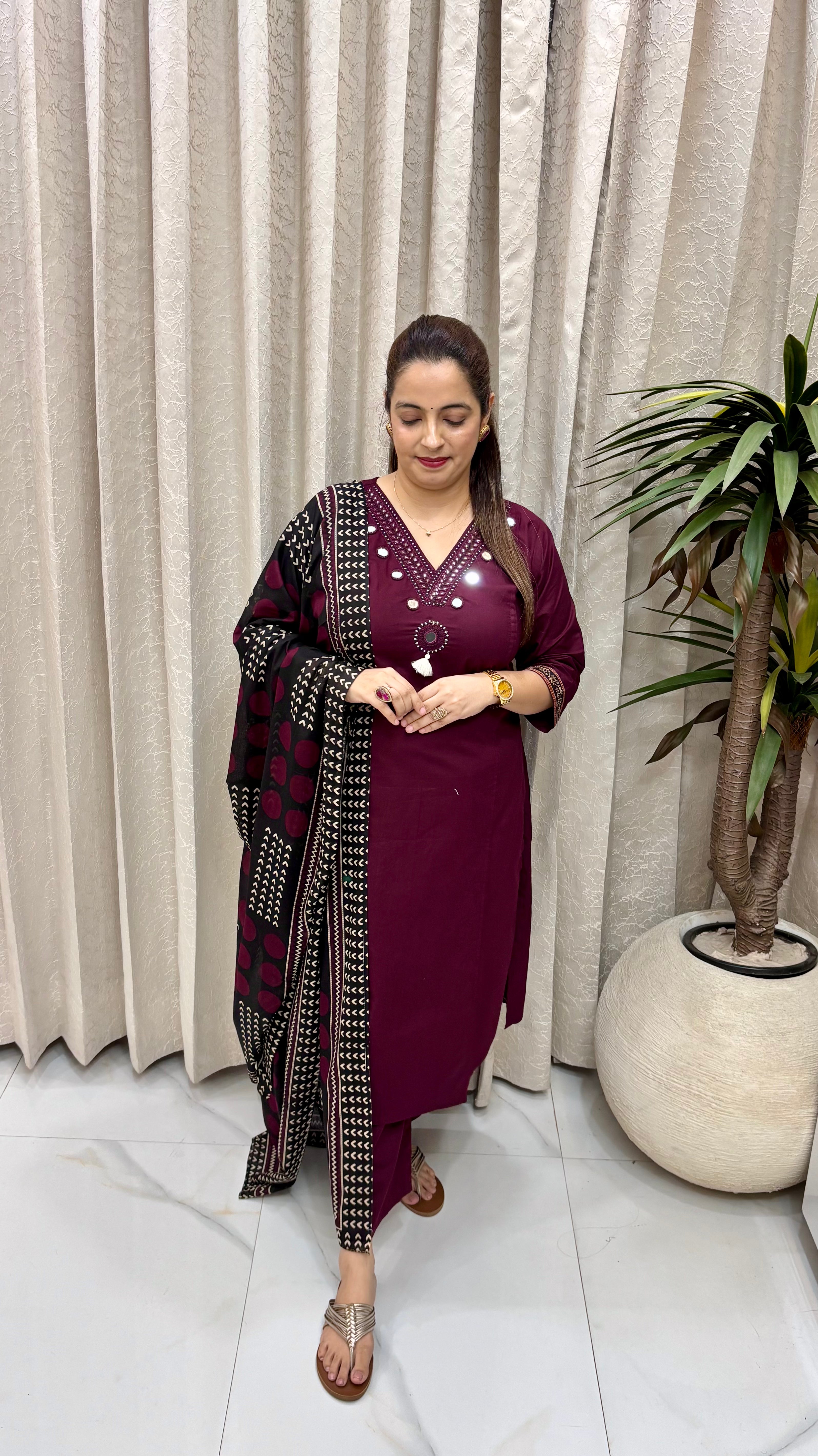 Pure Dabu Cotton Suit with Kutch-Style Mirror Work, Pintex Detailing & Kalamkari Dupatta