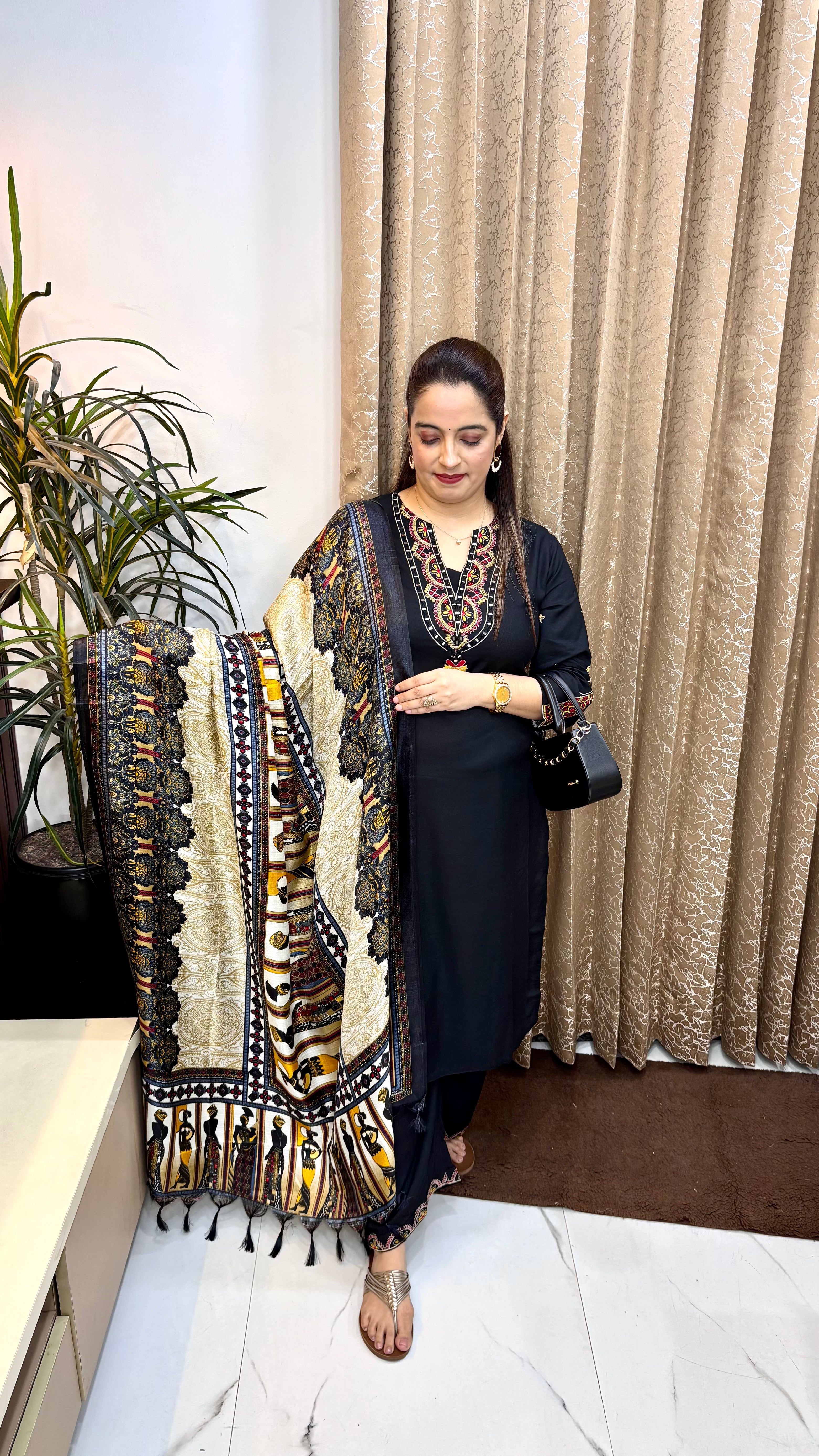 Premium Pure Modal 3-Piece Suit Set with Mirror Embroidery & Maheshwari Figure Print Dupatta