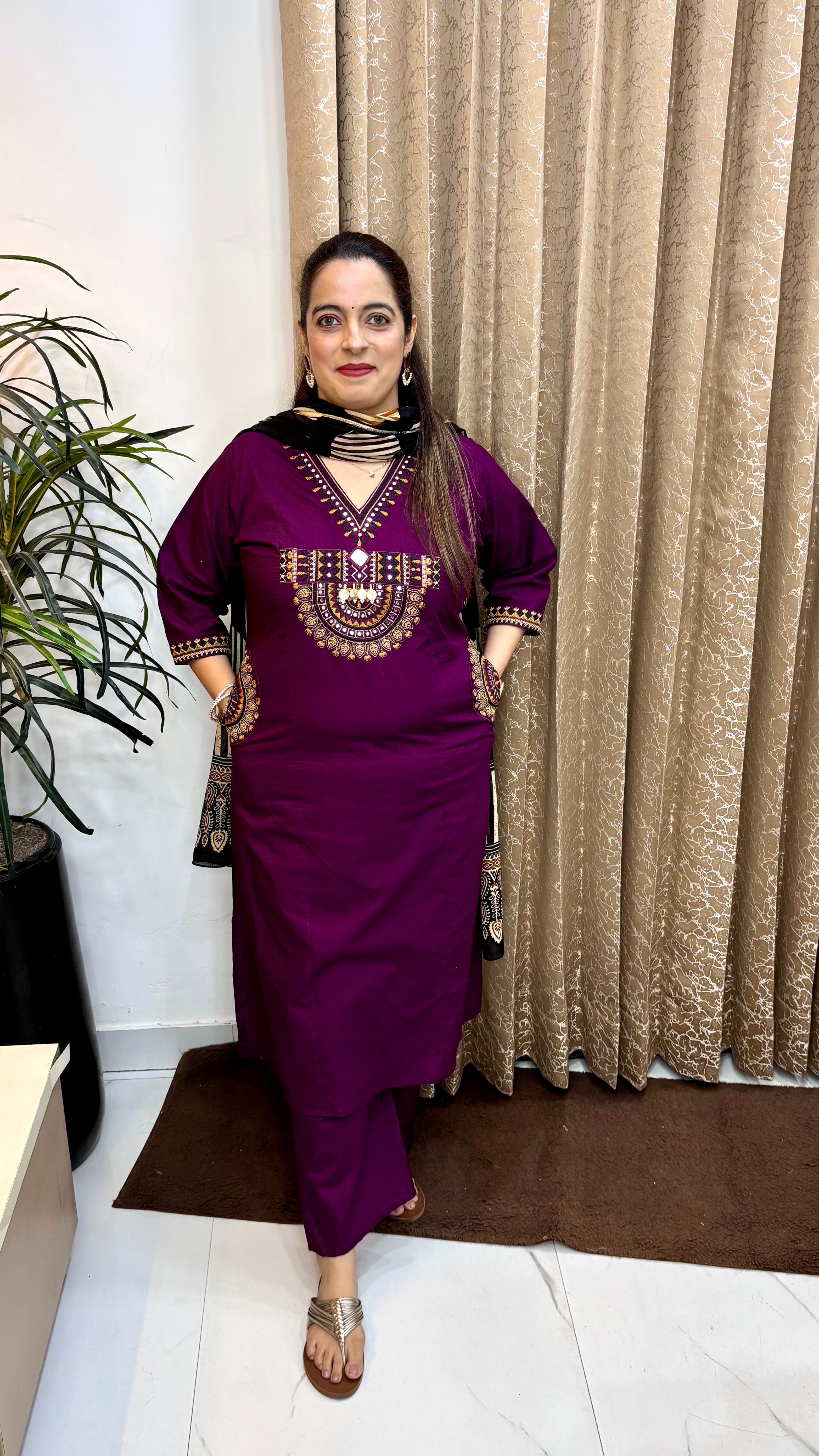 Authentic Dabu Cotton Suit with Jaipuri Work, Dual Pockets & Kalamkari Dupatta