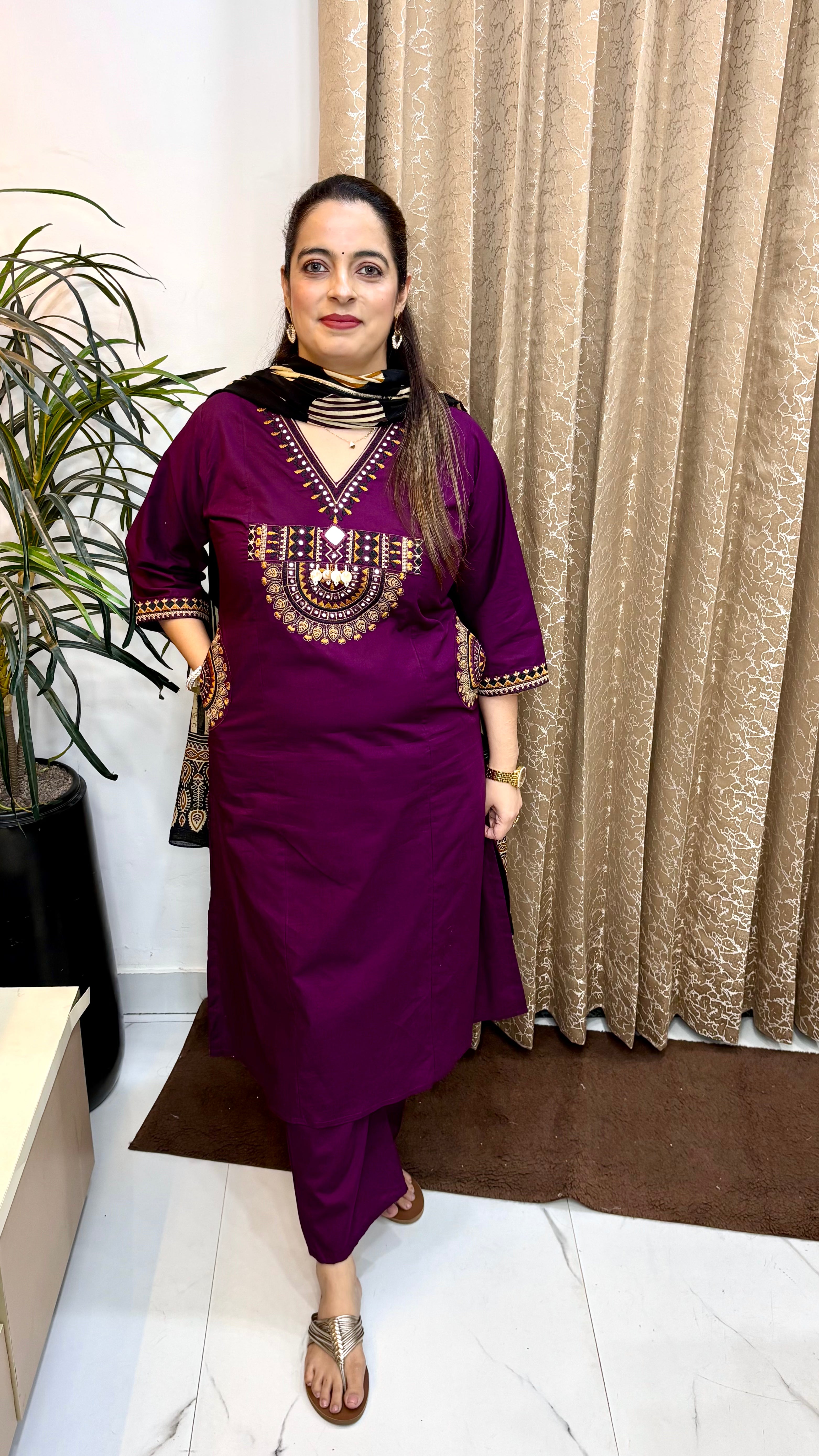 Authentic Dabu Cotton Suit with Jaipuri Work, Dual Pockets & Kalamkari Dupatta