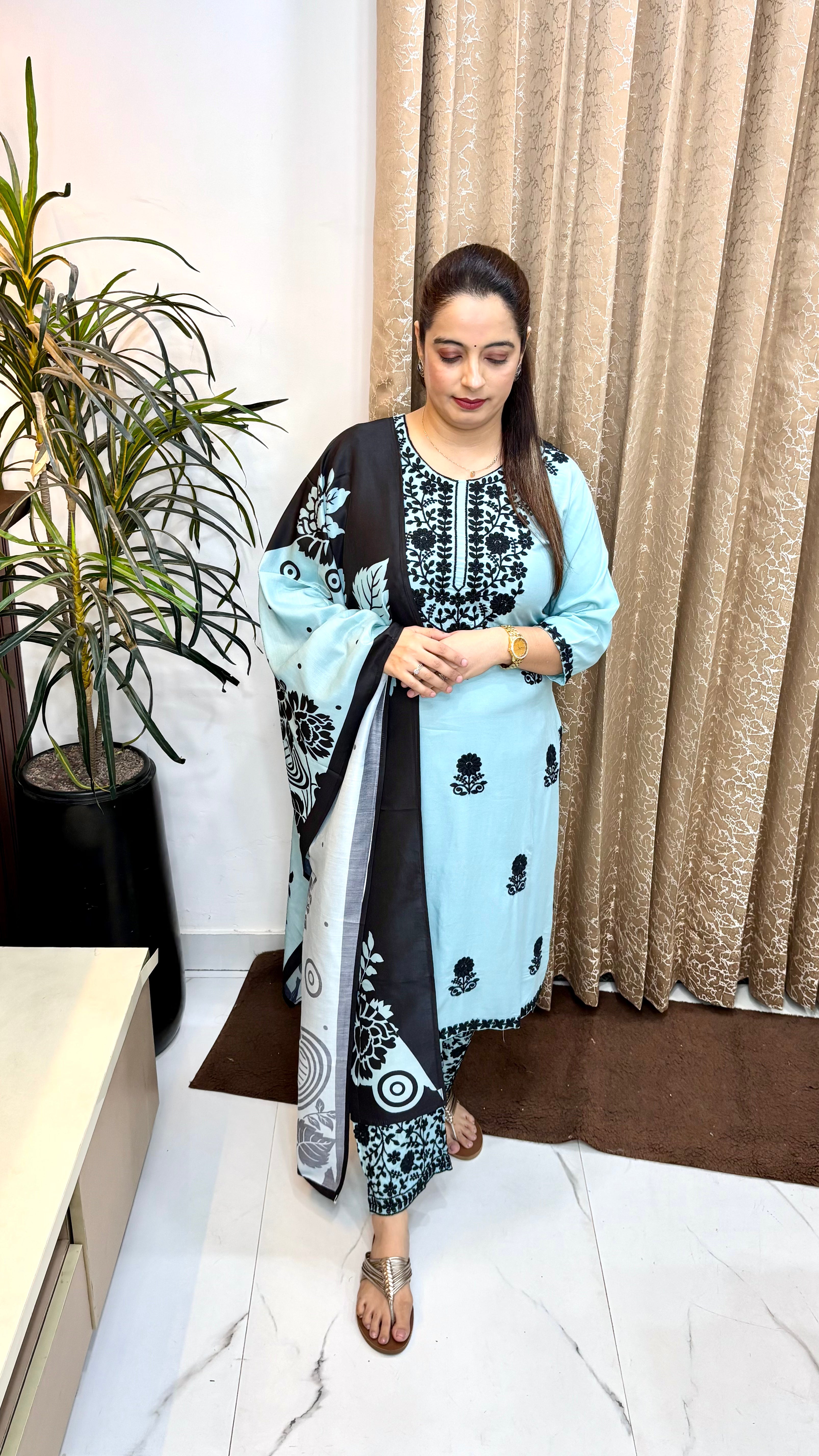 Pure Modal Lucknowi Suit Set with Coordinated Bottom & Vibrant Printed Dupatta