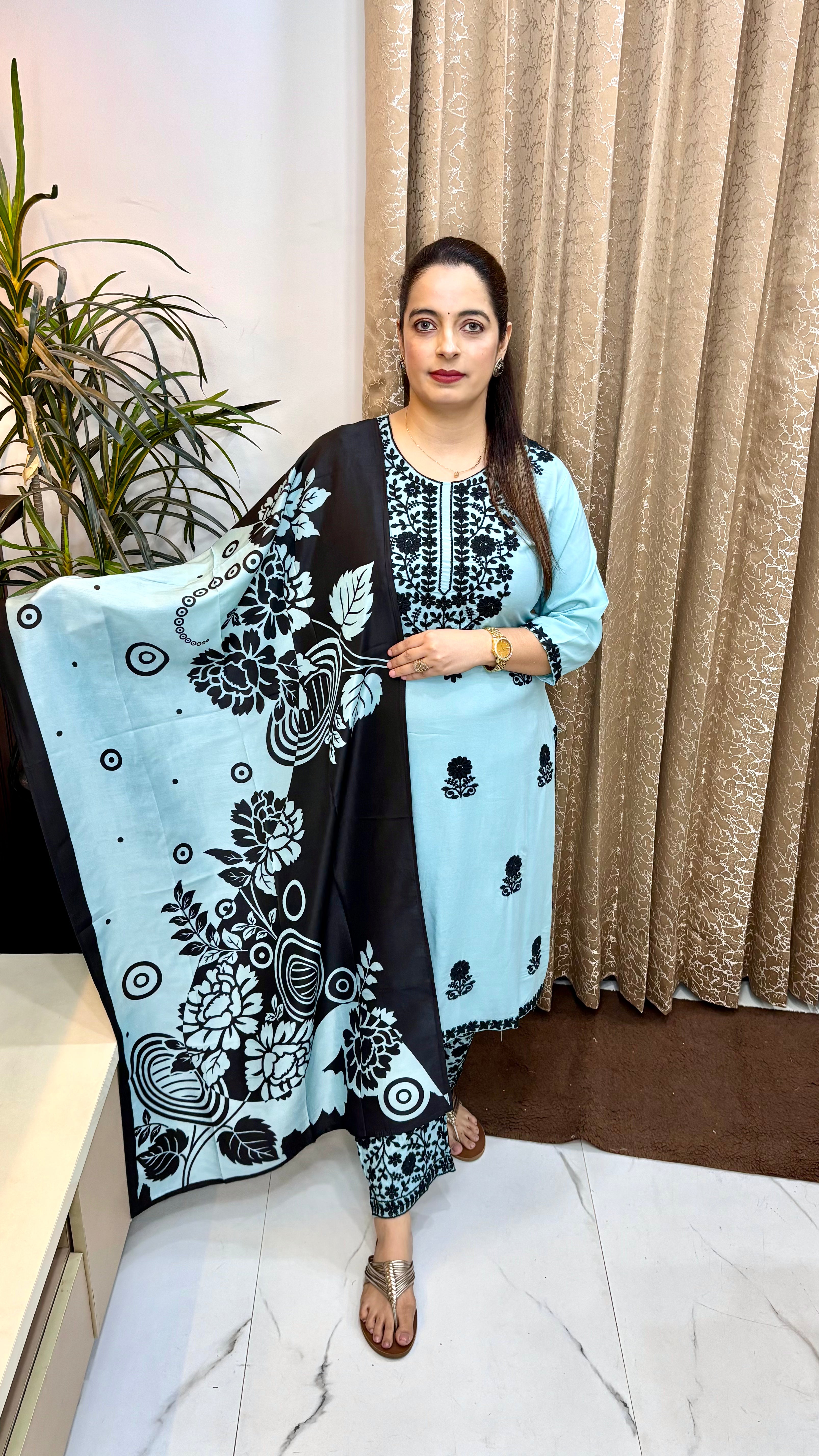 Pure Modal Lucknowi Suit Set with Coordinated Bottom & Vibrant Printed Dupatta